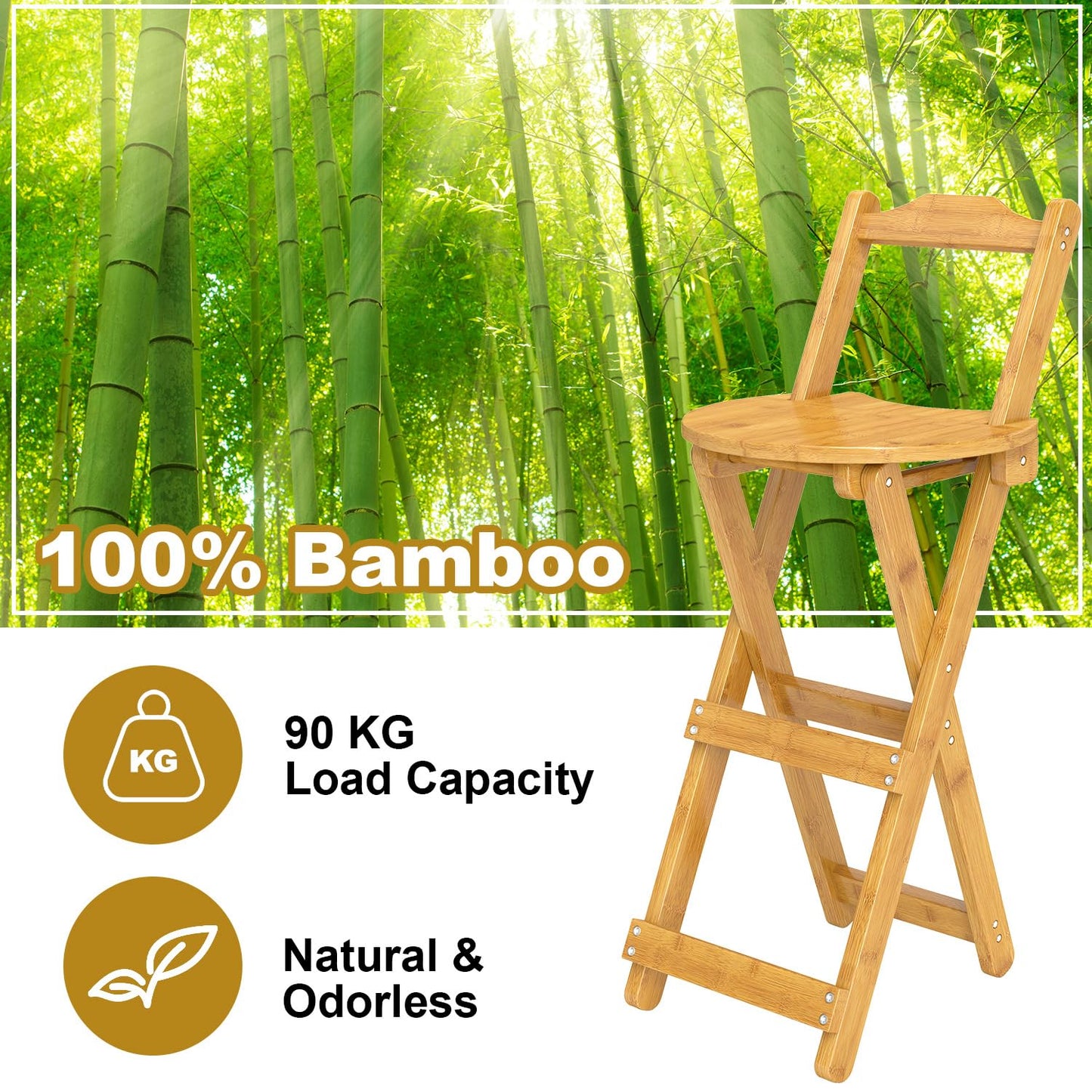 Nisorpa Folding Bar Stool with Backrest Kitchen Counter Height Stool with Back Support Foldable Bamboo Bar Stool Folding Bar Chair for Home Kitchen Island Breakfast No Assembly 1Pack