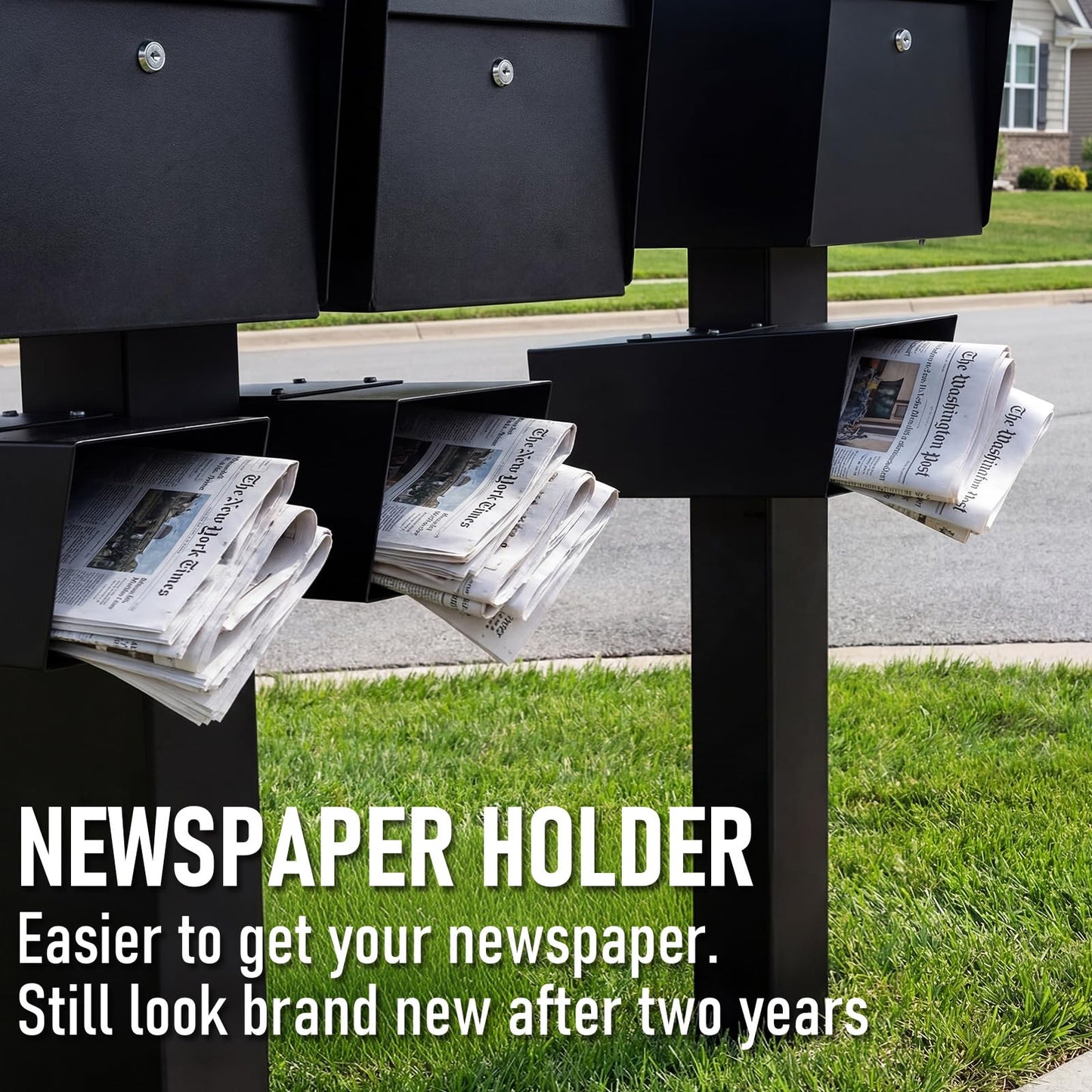 Zonon Newspaper Holder Black Medium Newspaper Box Weatherproof Heavy Duty Mailbox Accessory with Adjustable Bracket Rustproof Metal Outdoor Magazine Delivery Box for Post Mounted Mailbox