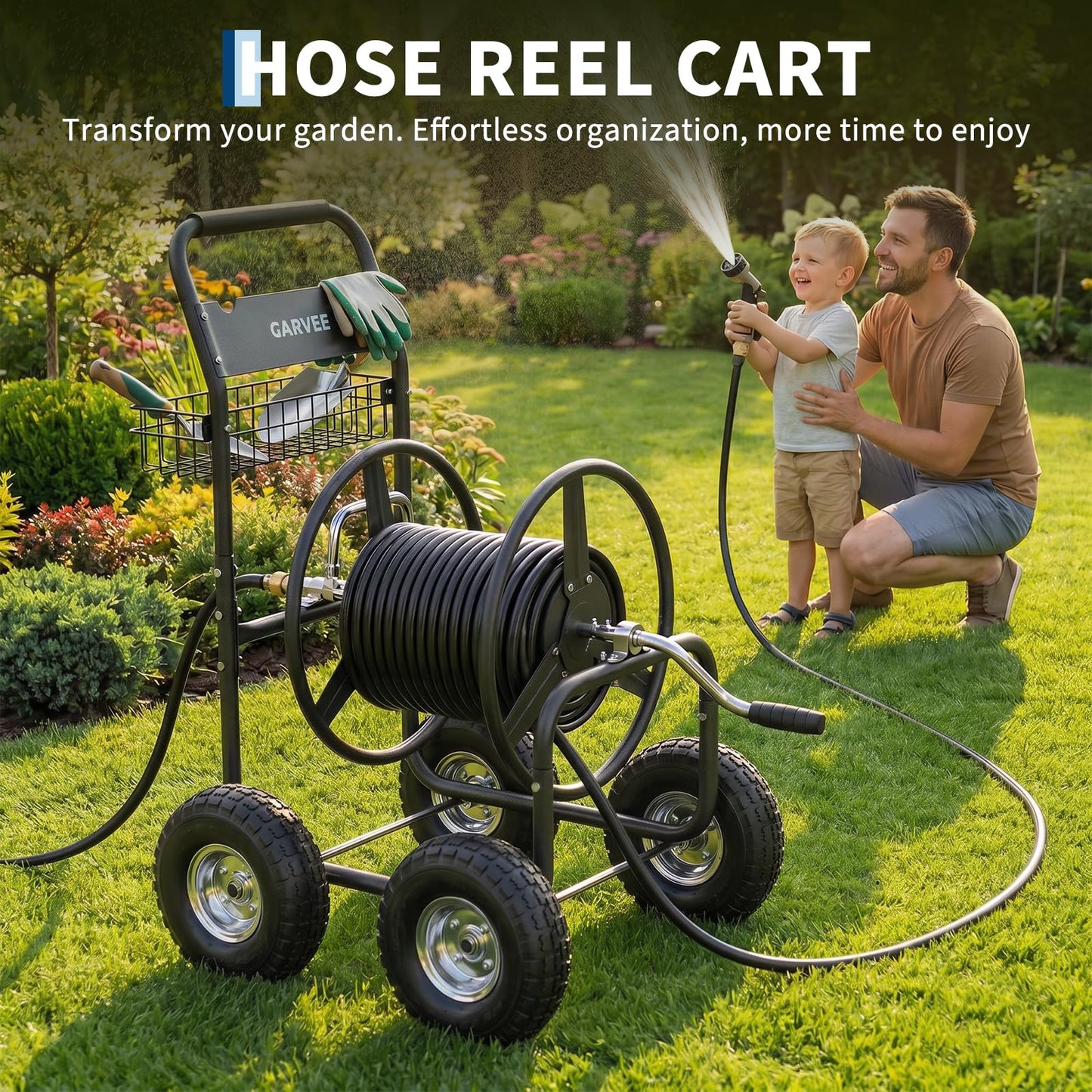 Garvee Garden Hose Reel Cart with Wheels, Hold Up to 300 ft of 5/8’’ Hose, Heavy Duty Water Hose Reel with Storage Basket, 4 Large Pneumatic Tires, Mobile Outdoor Hose Storage for Garden, Yard, Farm