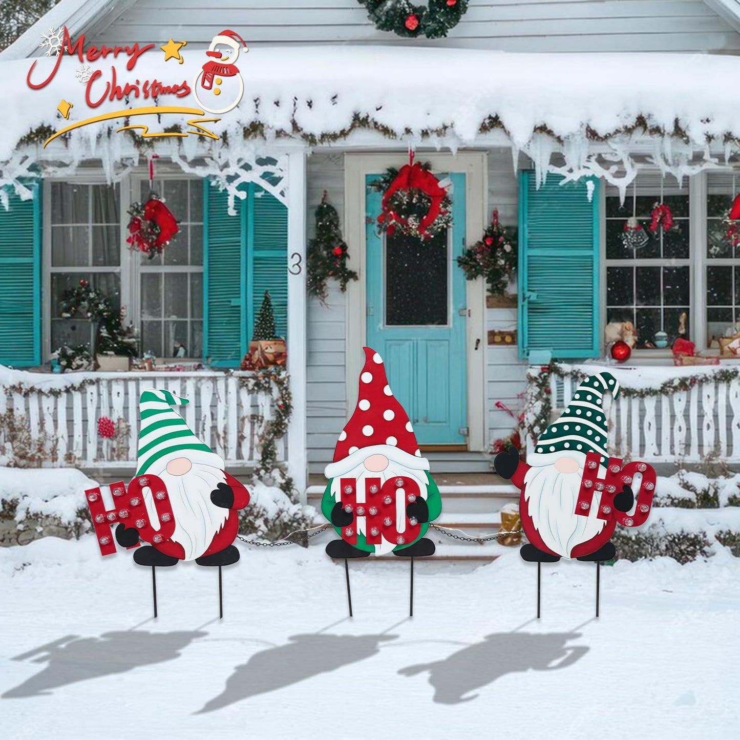 WONDER GARDEN 3 PCS Christmas Yard Signs Christmas Decorations Outdoor, Metal Xmas Yard Stakes Gnomes Lawn Decor, Xmas Garden Stakes with Led Lights for Patio Pathway Outside Decorations