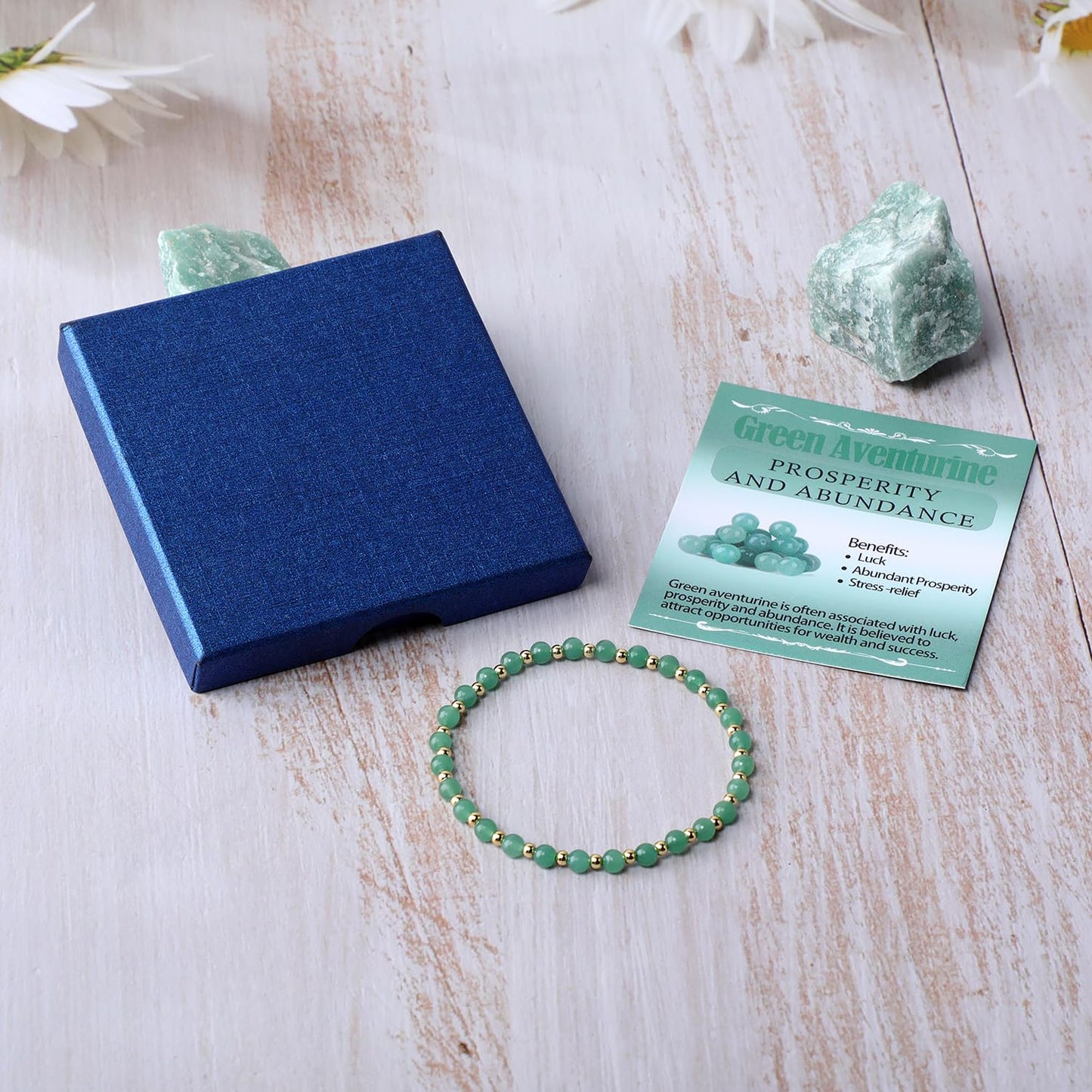 QOGIR Green Aventurine - Prosperity - 14K Gold Plated Beads Natural Gemstone Stretch Elastic Dainty Healing Beaded Bracelets Gifts 4mm