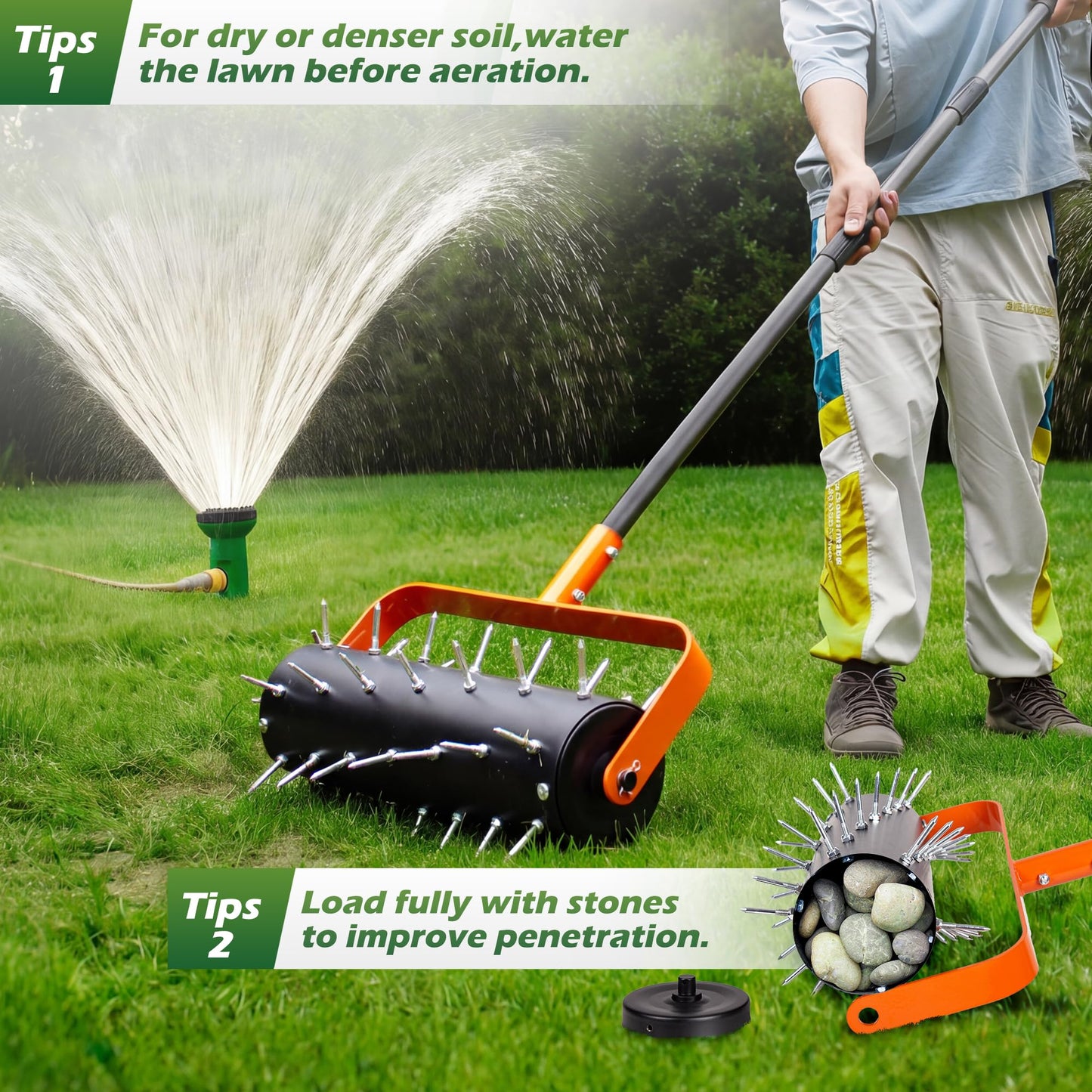 Walensee Rolling Lawn Aerator, Heavy Duty Manual Aerator Tool with 42 Spikes, Lawn Spike Aerator Roller with 71" Adjustable Handle, Soil Penetrator Push Lawn Aeration for Garden Yard Patio