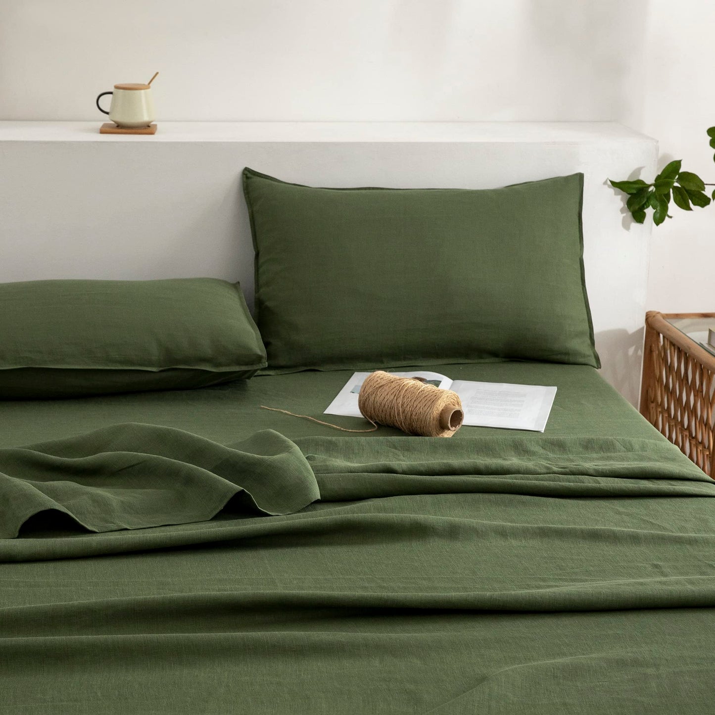 EVERLY 100% Linen Pillowcases Set of 2, Envelope Overlap Closure French Natural Washed Flax Pillowcases 20x26 inches-Mossy Green