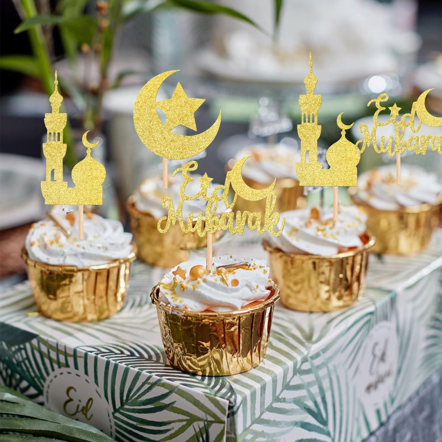 24 PCS Eid Mubarak Cupcake Toppers Gold Glitter Moon Star Ramadan Kareem Cupcake Picks for Eid Islamic Muslim Theme Party Cake Decorations Supplies