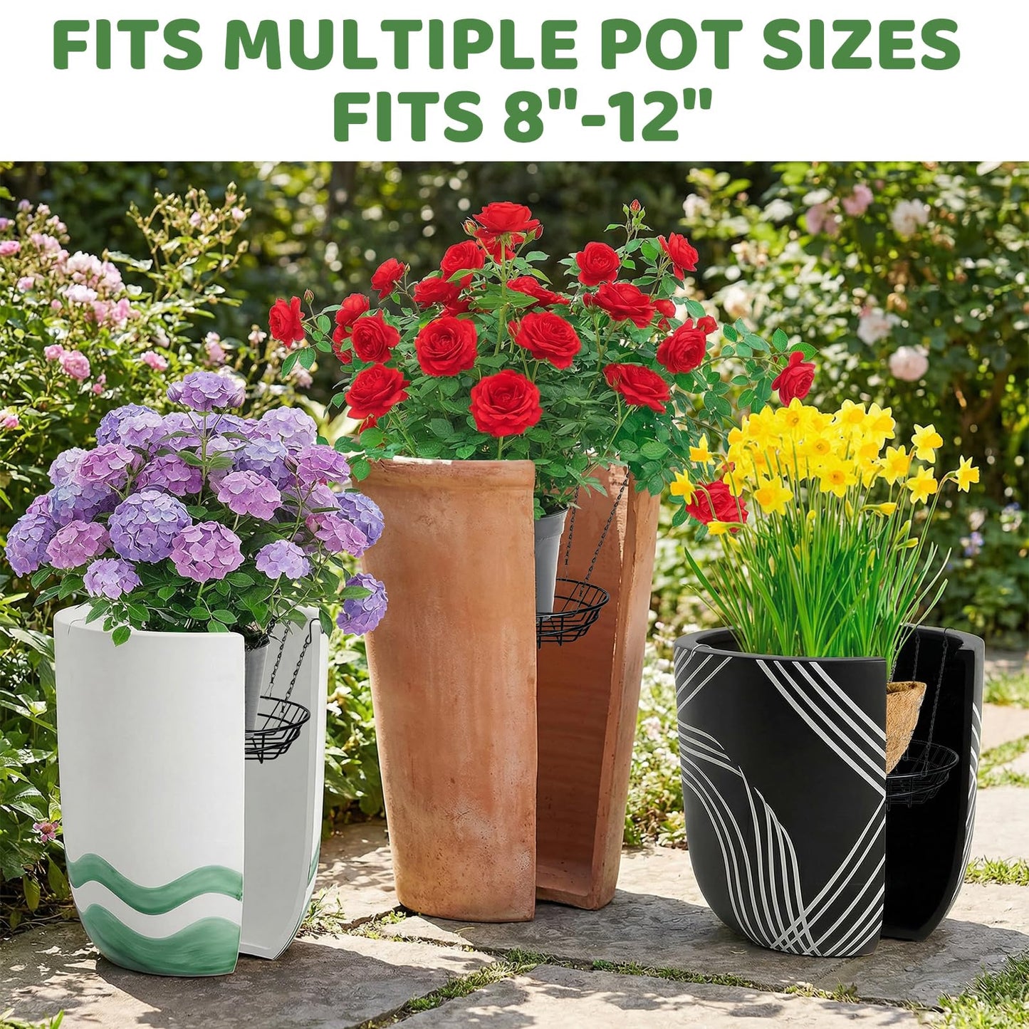 REDPOPO Adjustable Planter Insert for Large Pots 12-18 Inch, Stainless Steel Plant Riser with 4 S Hooks & Chains, Pot Filler for Tall Planters to Reduce Soil,Rust Proof Plant Pot Riser for Pots