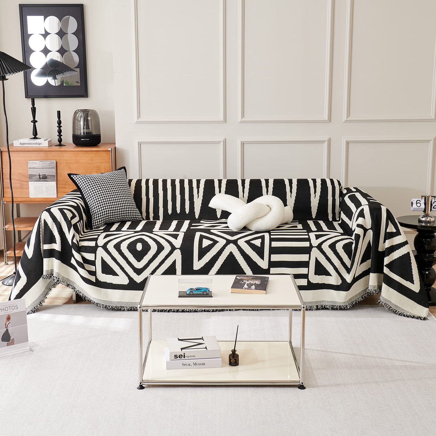 VClife Boho Couch Cover for Dog, Soft Cooling Sofa Cover for Sectional L Shape, Breathable Fabric Furniture Protector for Pet, Reversible White and Black Checkered Plaid Sofa Slip Cover Futon Cover