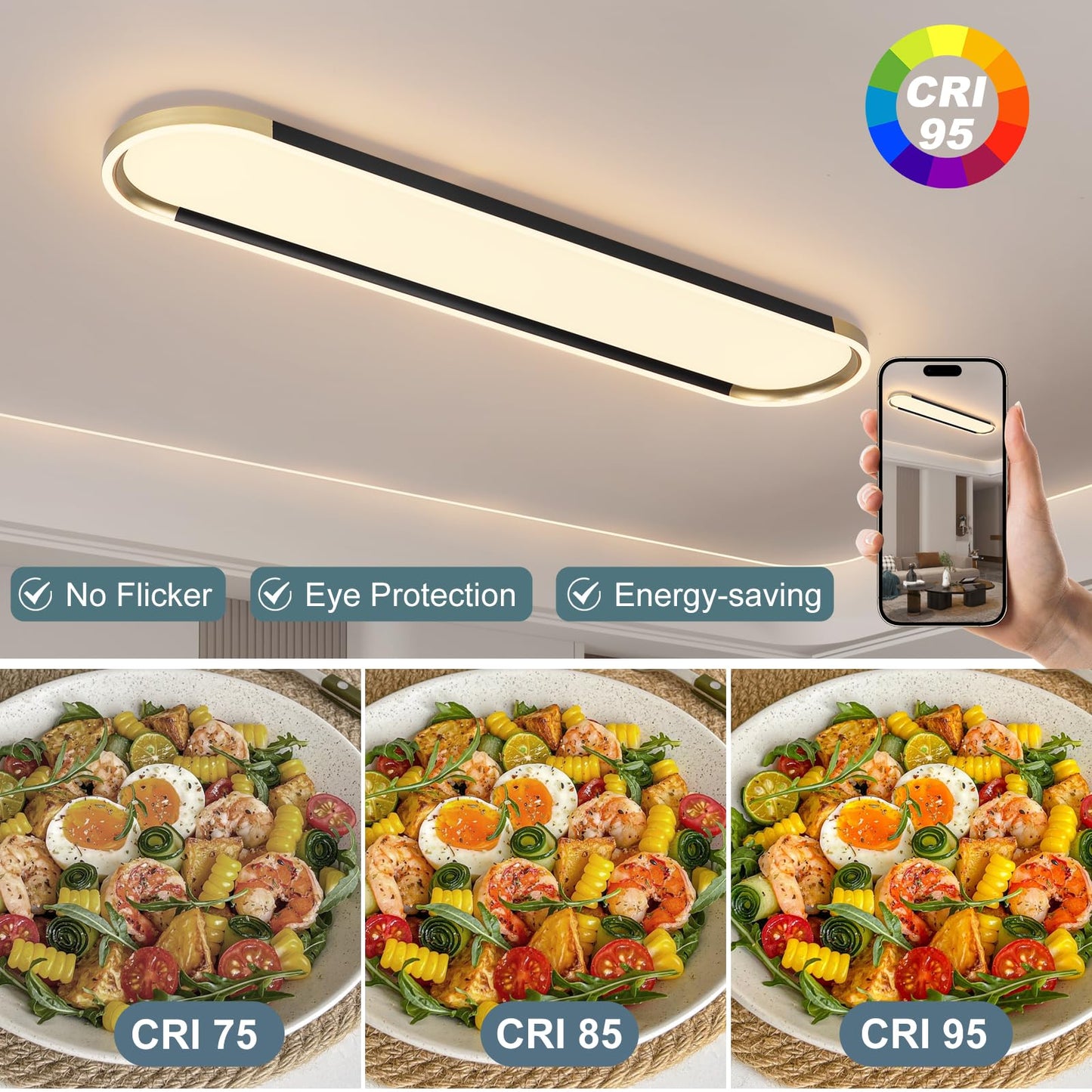 ADISUN Modern LED Ceiling Light Dimmable Linear Ceiling Light 39.4in Semi Flush Mount Long Lights with Remote Control and Down Lighting for Living Room Kitchen Dining Room Black & Gold