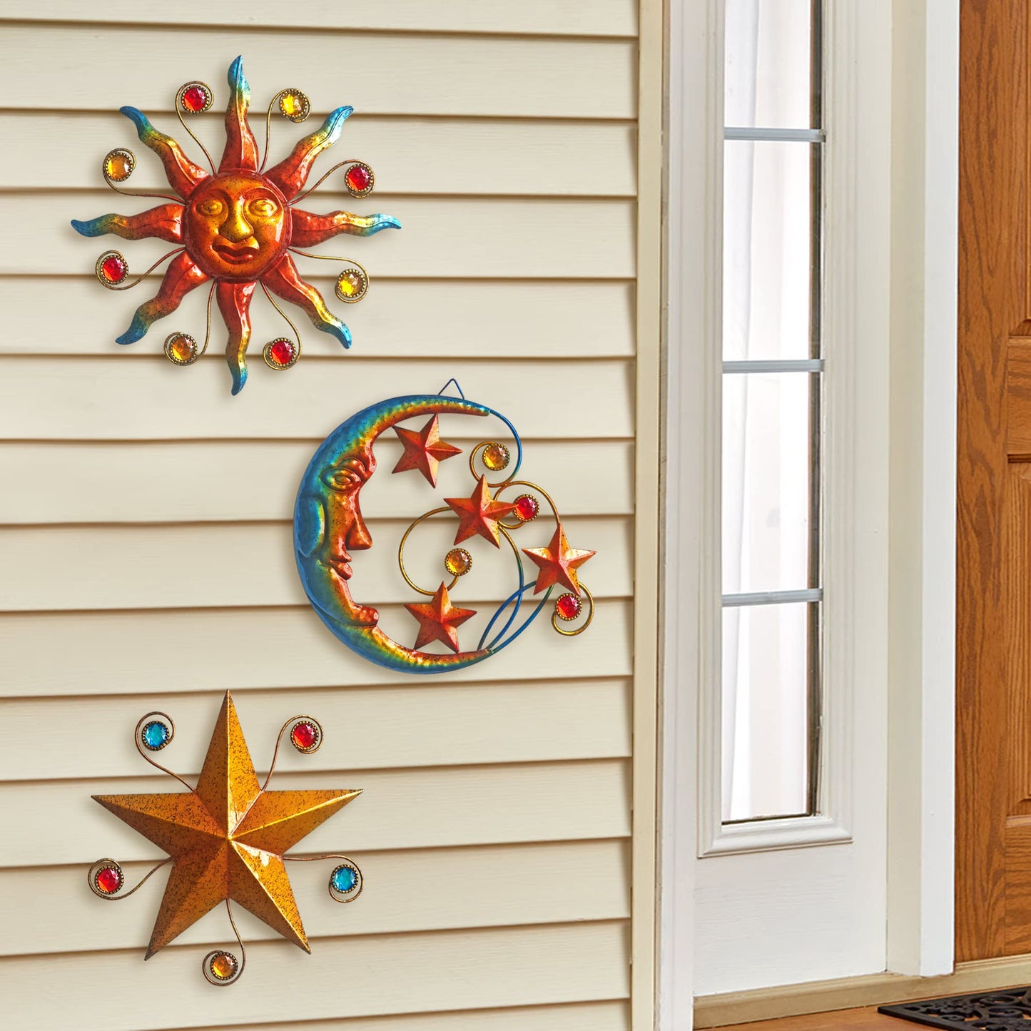 VividLadybug Celestial Wall Decoration Sculpture, Metal Wall Sculpture, Silhouette Wall Decoration, Metal Sun Moon Star Wall Art Sculpture Decoration, Set of 3