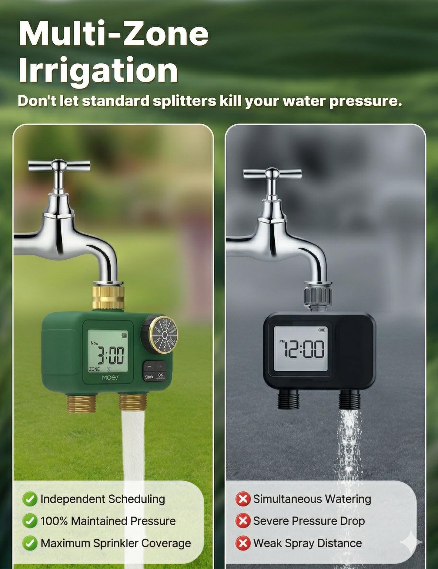 MOES 2 Zone Water Timer for Garden Hose, Heavy Duty Solid Brass Inlet & Outlets, Programmable Sprinkler Timer Battery Operated, Automatic Dual Faucet Valve with Sequential Watering (Non-WiFi)