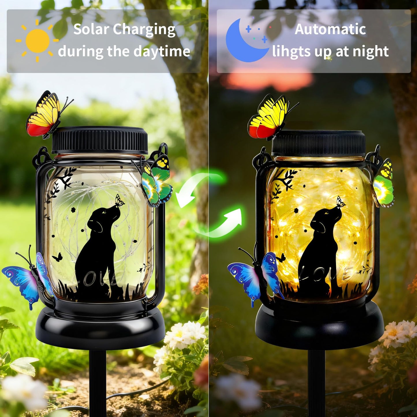 Dog Solar Lanterns Outdoor Garden Solar Dog Lights Dog & Cat Lover Gifts for Women Mom Grandma, Butterfly Fairy Lights Waterproof Hanging Mason Jar Lamps (Dog Kiss Butterfly)