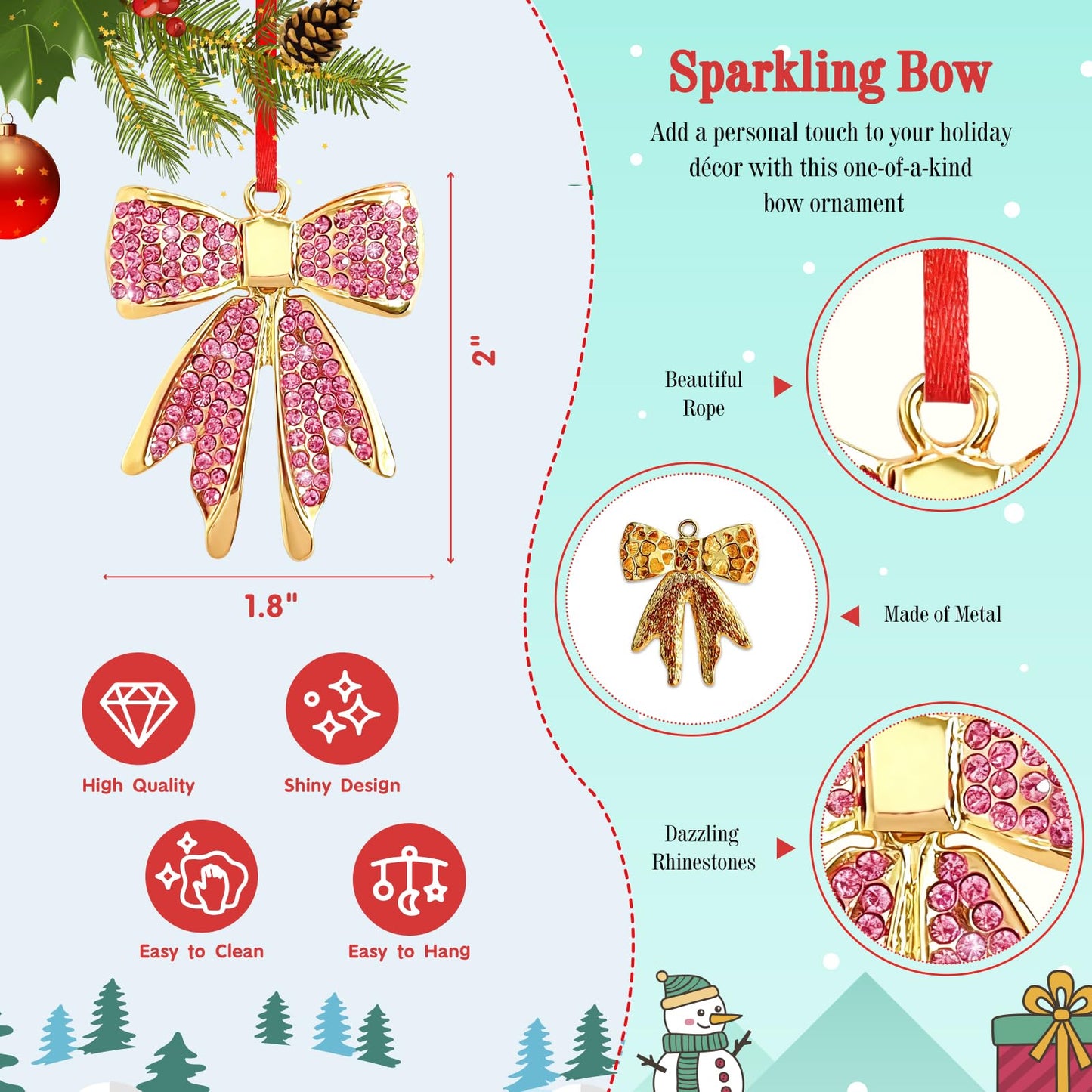 WALENGIF Pink Bow Ornaments for Christmas Tree Decorations 2025 - Metal Bow Christmas Ornaments - Bowknot Christmas Ornament Rhinestones Xmas Keepsake Gifts for Women Girls Sister Mom Bestie Friends