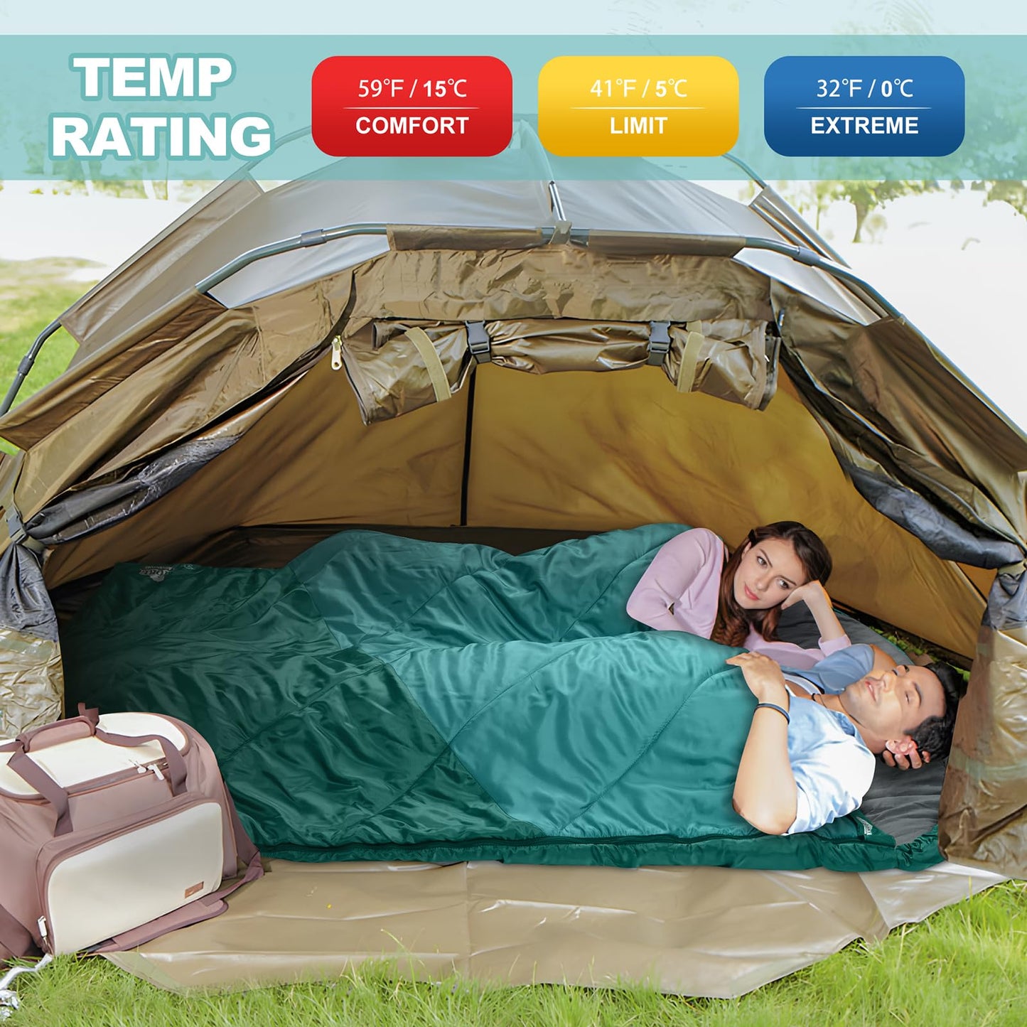 AGEMORE Double Sleeping Bag for Adults, Lightweight Queen Size 2 Person Sleeping Bag with Draft Tubes & Hood, Fit for Warm & Cold Weather Camping Hiking Backpacking Or Traveling