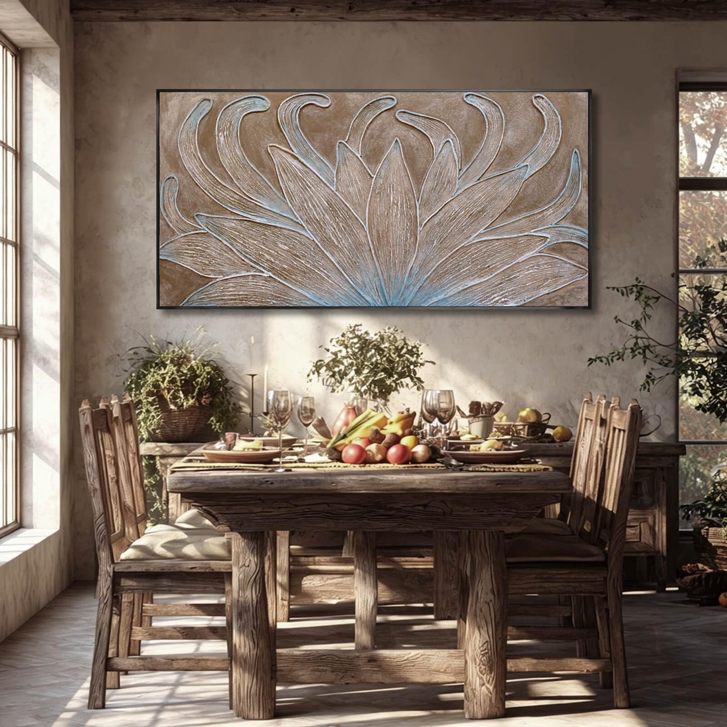 Brown Oil Painting Wall Art Botanical Neutral Floral Flowers Framed Wall Decor Abstract Canvas Pictures Large Artwork for Bedroom Office 29x58 In