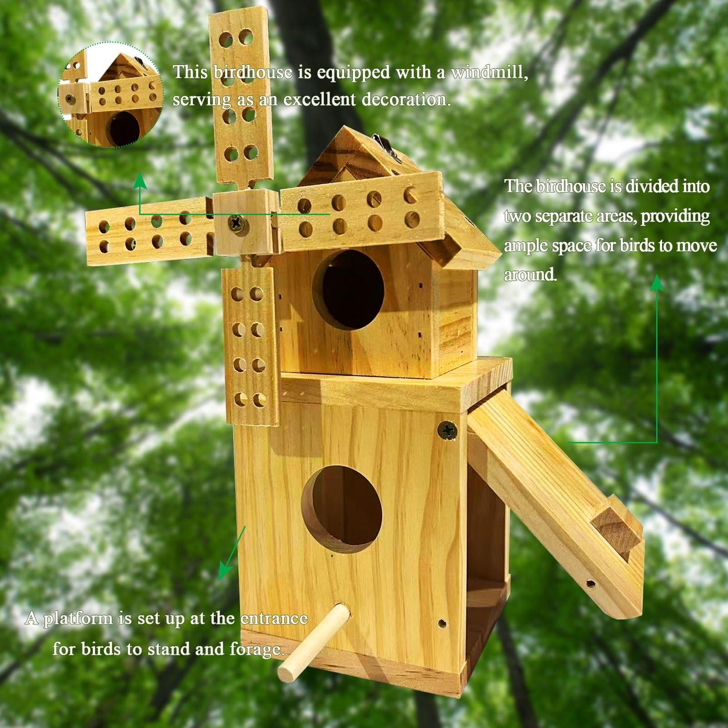 Whesamy Wood Bird House, Hanging Windmill Bird Houses for Outside, Cedar Birdhouse Outdoors for Robin Budgie Swallow Little Sparrow Finch Throstle, Bluebird Houses for Outside, Assembly Required