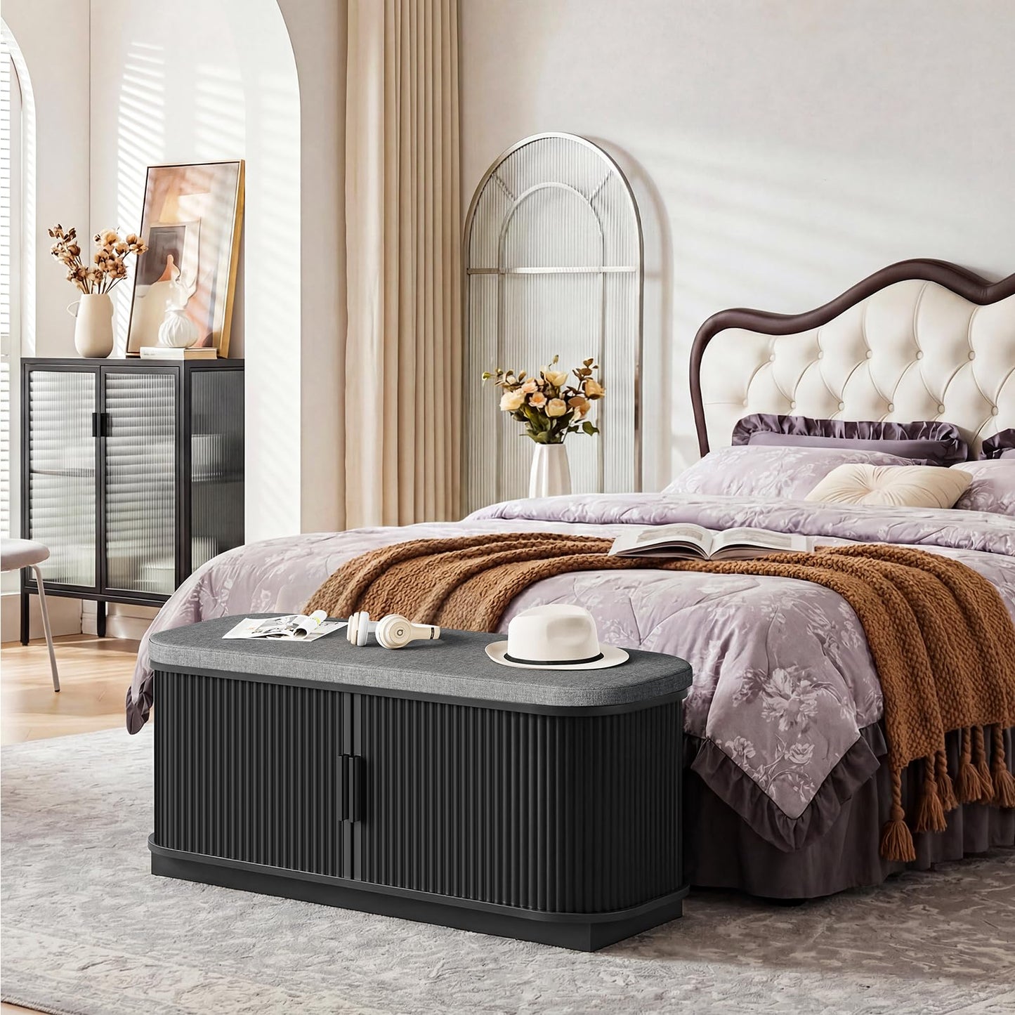 CHOEZON Shoe Storage Bench, Entryway Bench with Storage, Shoe Bench with Cushion and Sliding Door, Fluted Storage Bench, Entry Bench for Entryway, Hallway, Living Room, Bedroom, Black and Gray MHX02BB