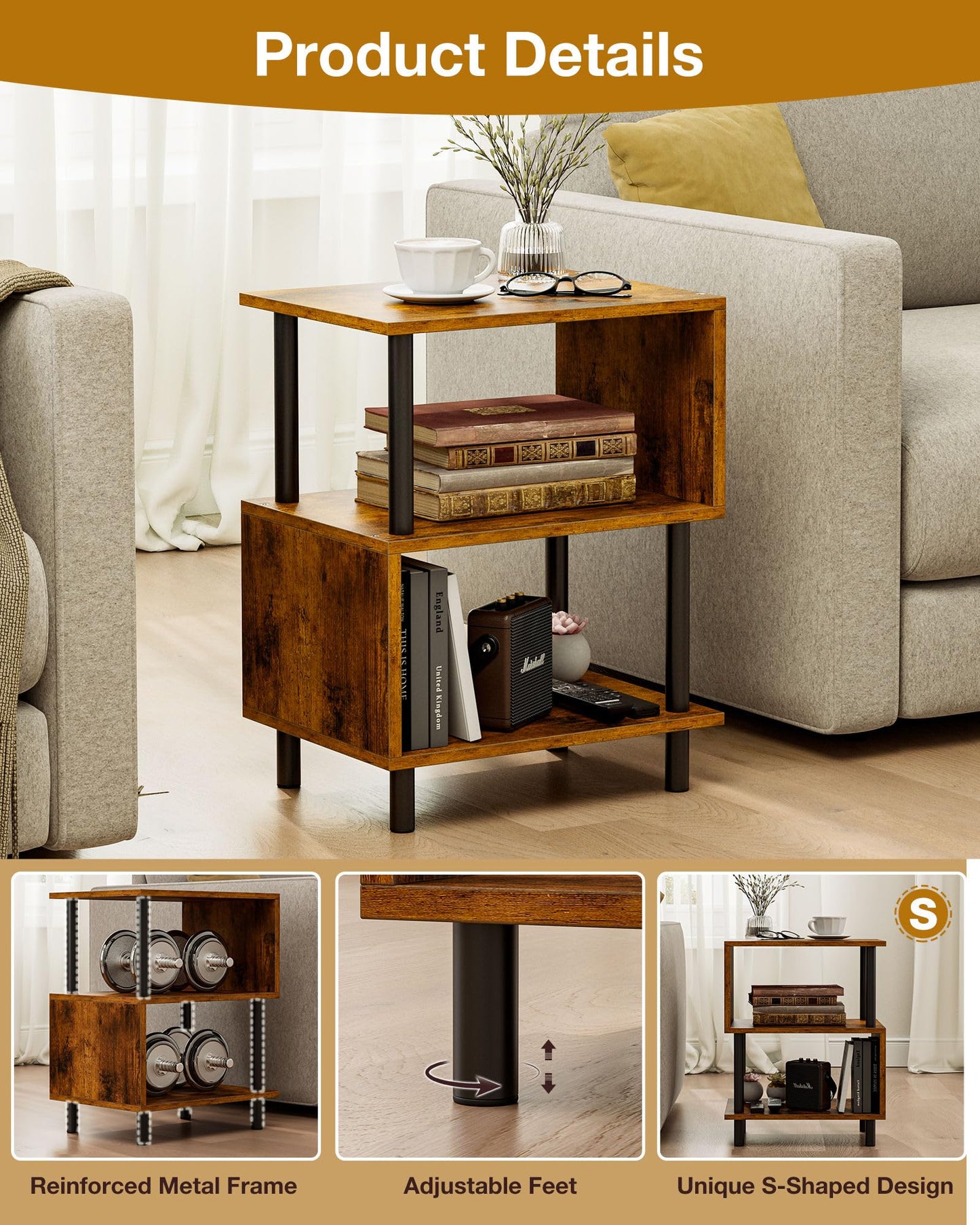 Frylr Small Side Table, End Table and Nightstand with 3-Tier Wood Shelves, Sturdy Metal Frame with 44 LBS Capacity per Shelf, Easy to Assemble for Living Room or Bedroom,Rustic Brown
