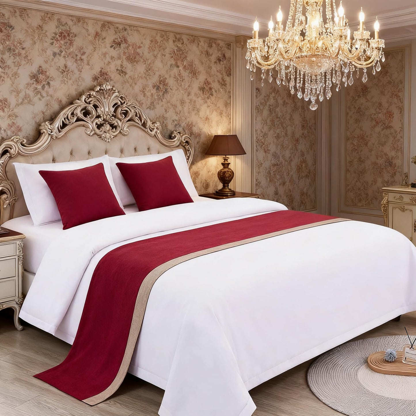 Ctslbreploo Red Bed Runner 82 x 20 Inch Red and Khaki Patchwork Bed Scarf for Queen & Full Bed Stripe Reversible Quilted Bed Runner Decorative for Hotel Bedroom Home - 1 Piece