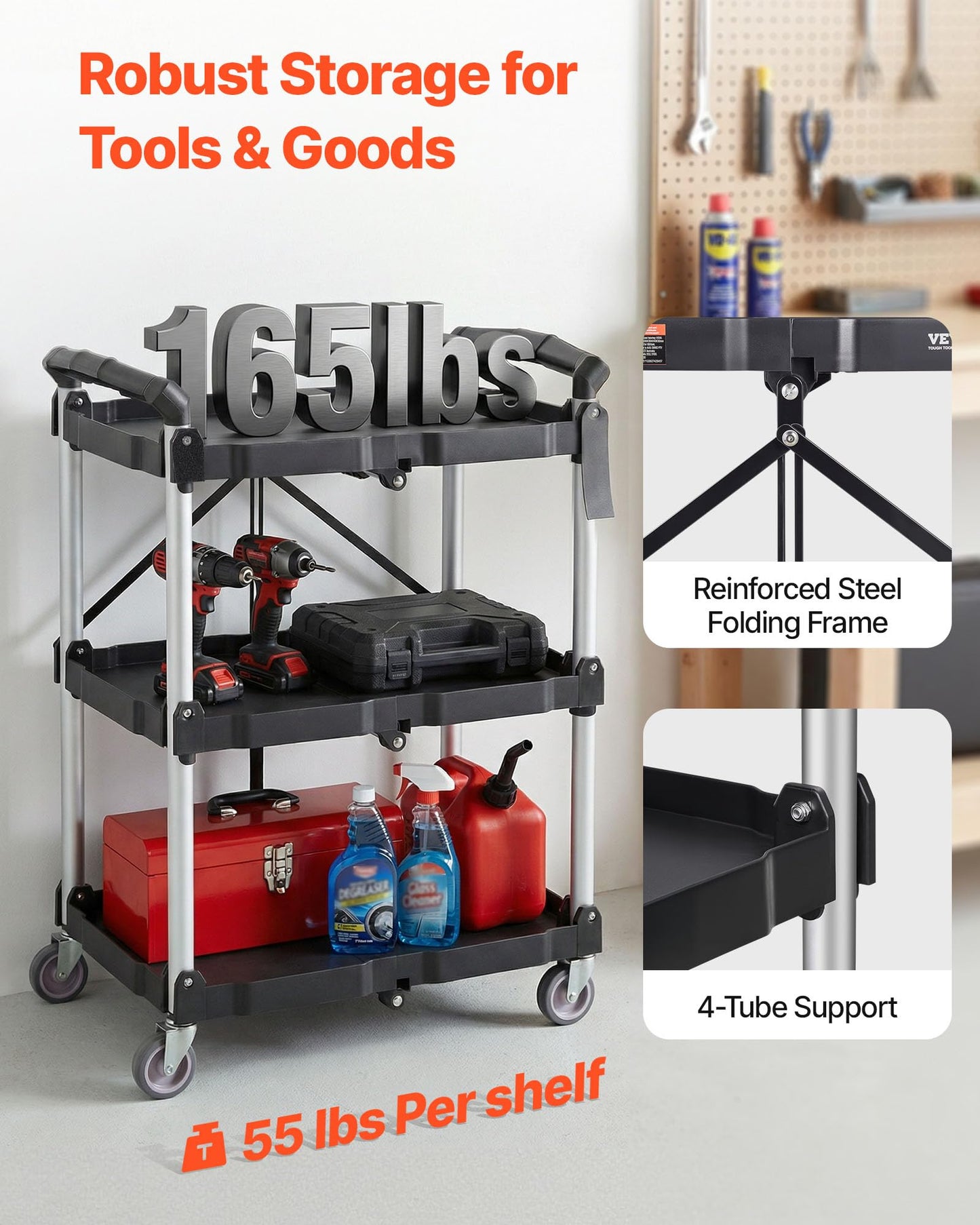 VEVOR Foldable Utility Service Cart, 165LBS 3 Shelf Heavy Duty Plastic Rolling Cart with 360° Swivel Wheels (2 with Brakes), Ergonomic Handle, Portable Garage Tool Cart for Warehouse Office Home