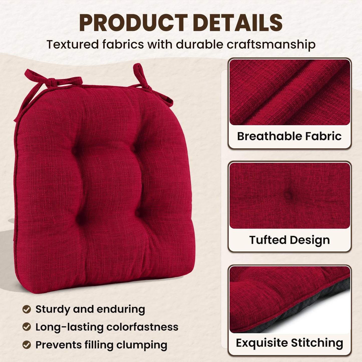 downluxe Indoor Chair Cushions for Dining Chairs, Tufted Overstuffed Textured Kitchen Chair Pads with Ties and Non-Slip Backing, 15.5" x 15.5" x 4", Red, 6 Pack