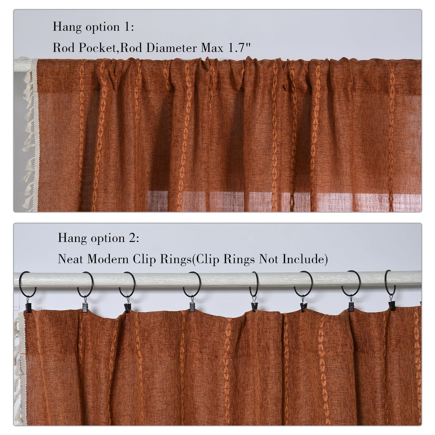 Schweek Terracotta Boho Curtains 84 Inch Length Burnt Orange Farmhouse Curtains for Living Room 2 Panels, Linen Bohemian Tassel Rust Rustic Curtain Drapes