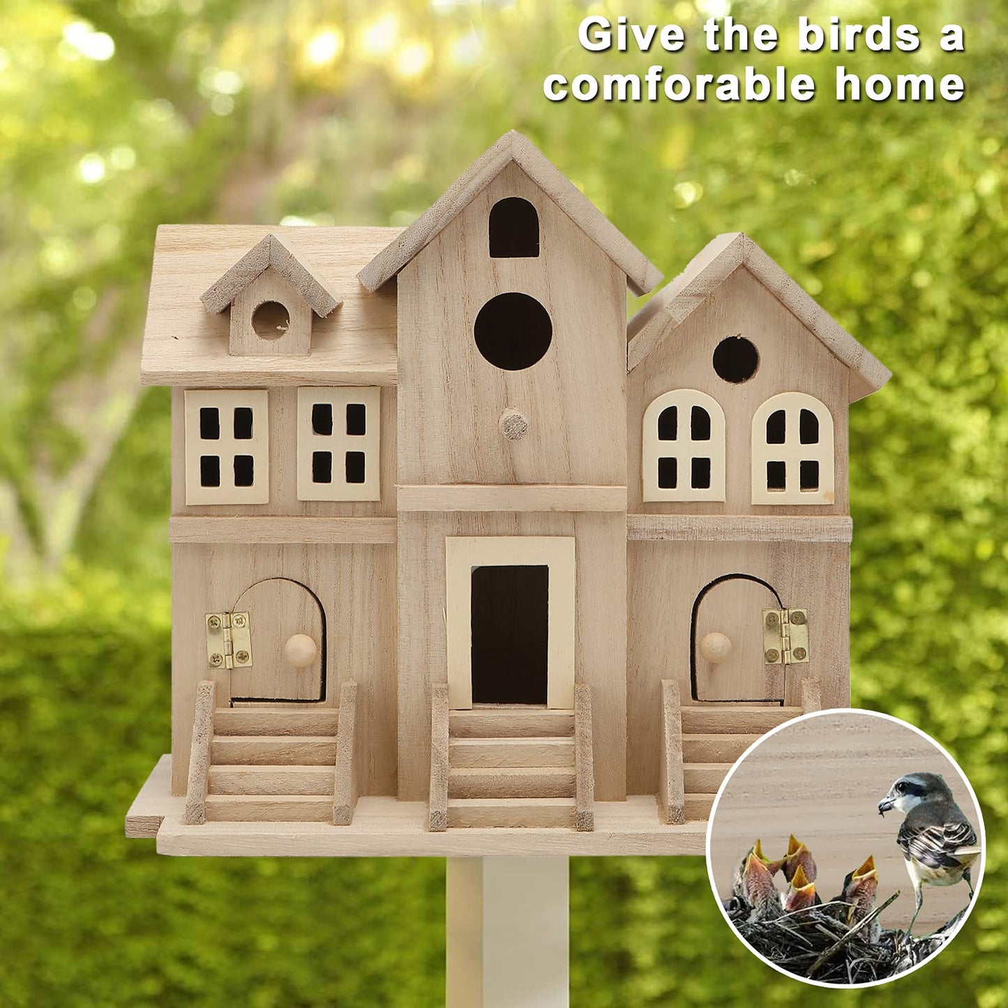 Lyfreen Paulownia Wood Bird House with Pole, Outdoor Hanging Birdhouse for Bluebirds, Wrens, Hummingbirds, Finches - Wooden Garden Bird House