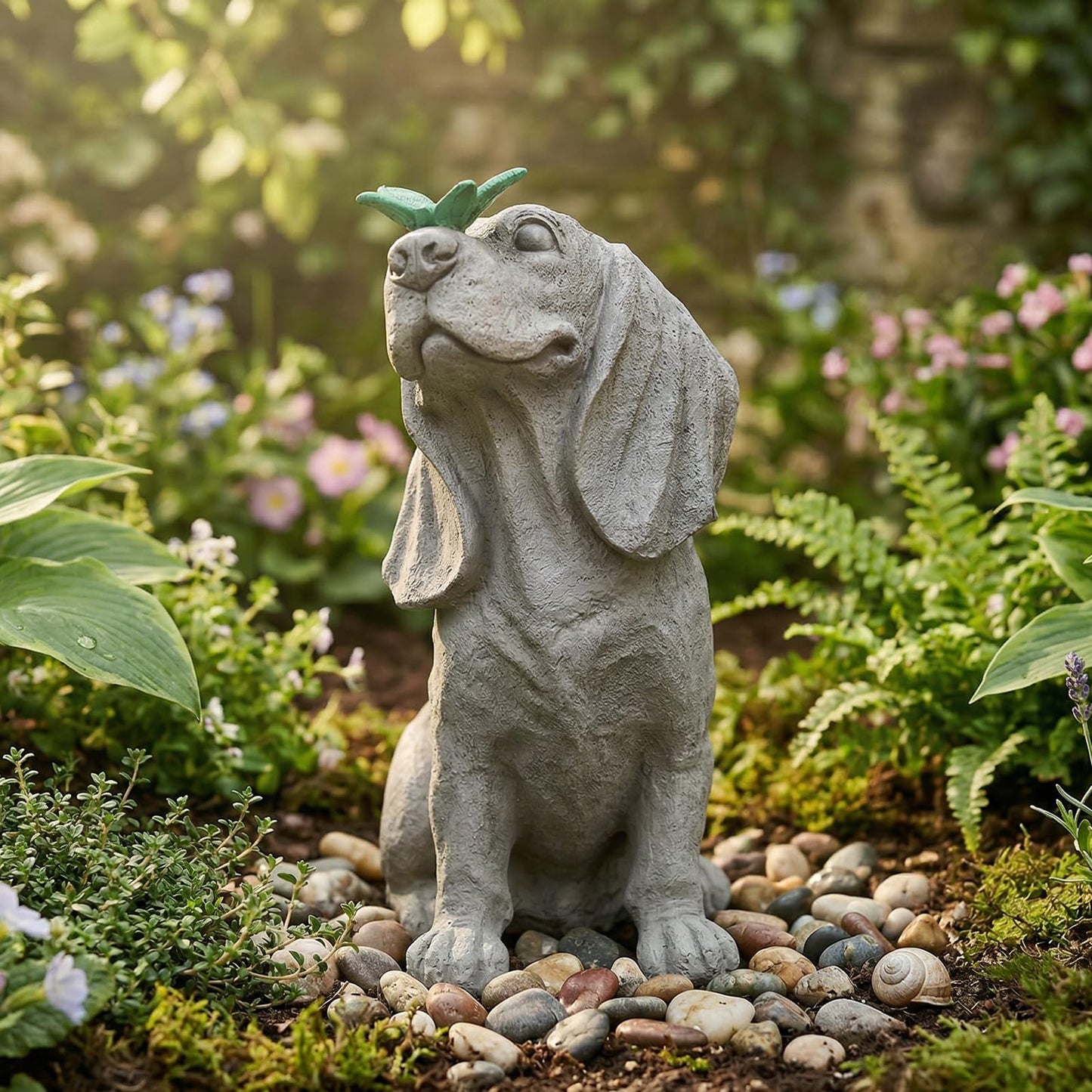 Ovewios Garden Statue Dog Figurines - Outdoor Dog Statue with Solar Butterfly Lights for Patio Yard Art Decor Balcony Lawn Ornament, Ideal Housewarming Gardening Gifts for Mom