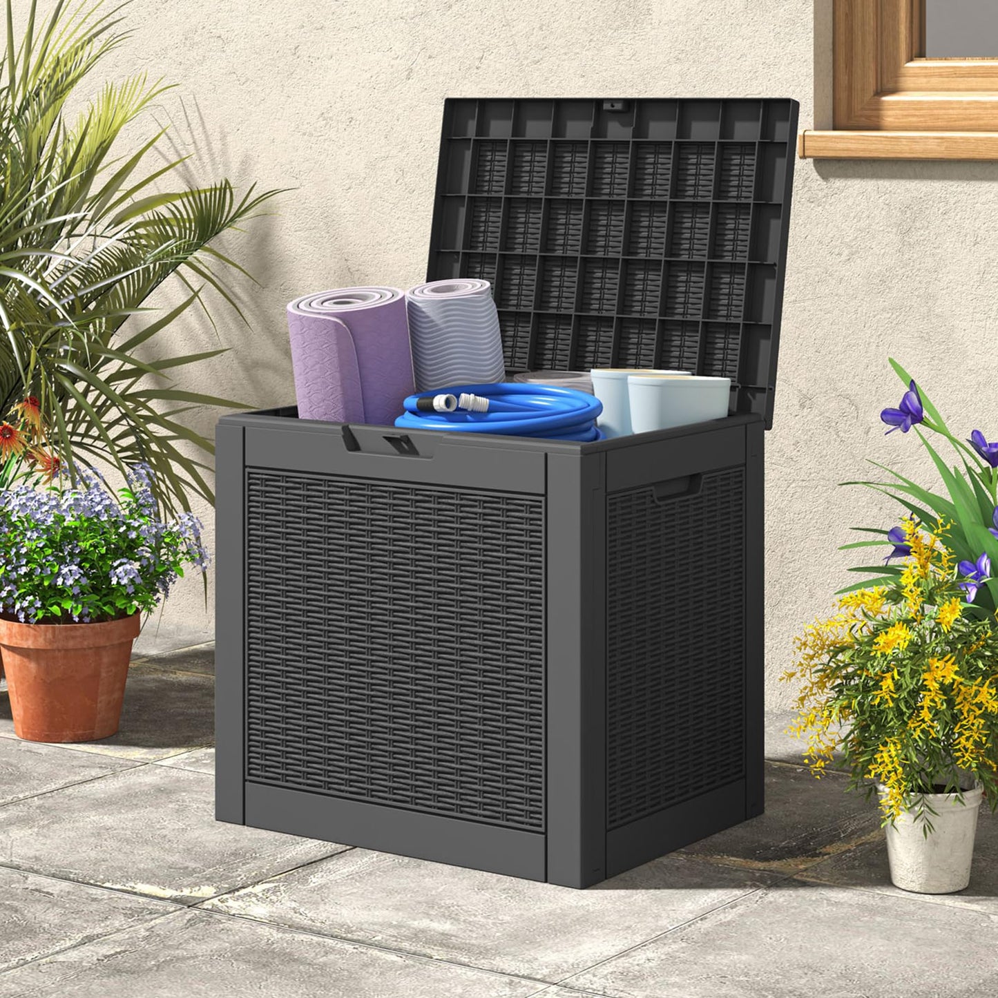 LHBGO 31 Gallon Deck Box, Resin Outdoor Storage Box, Waterproof and UV Resistant Deck Box, Lightweight Storage Box for Garden Tools, Pool Supplies