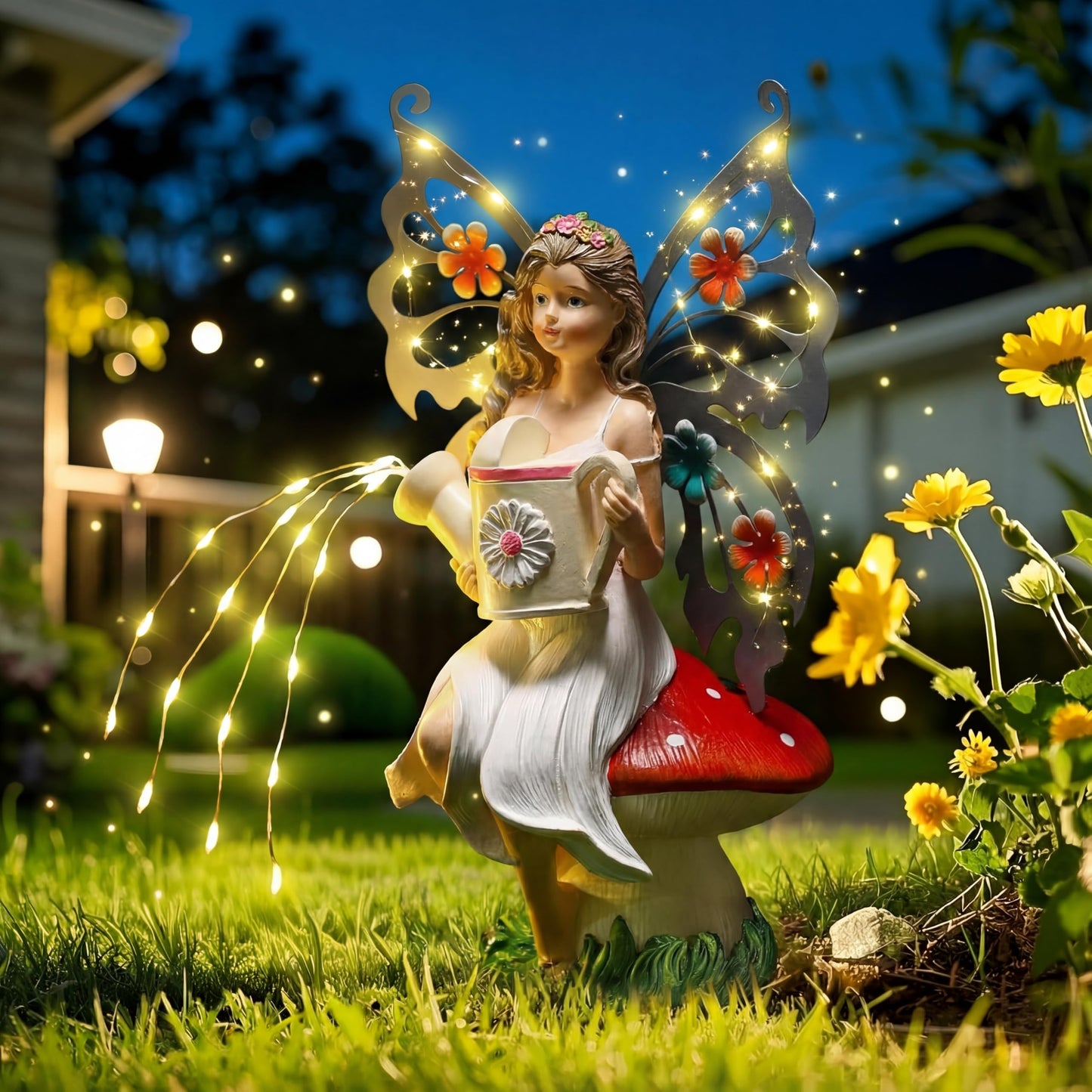 Cinnvoice 9. 8'' H Fairies Garden Figurines Garden Accessories Butterfly Wing Fairy Figurine Mushroom Decor Solar Luminous Watering Can Resin Statue for Outdoor Indoor Patio Yard Home Decorations