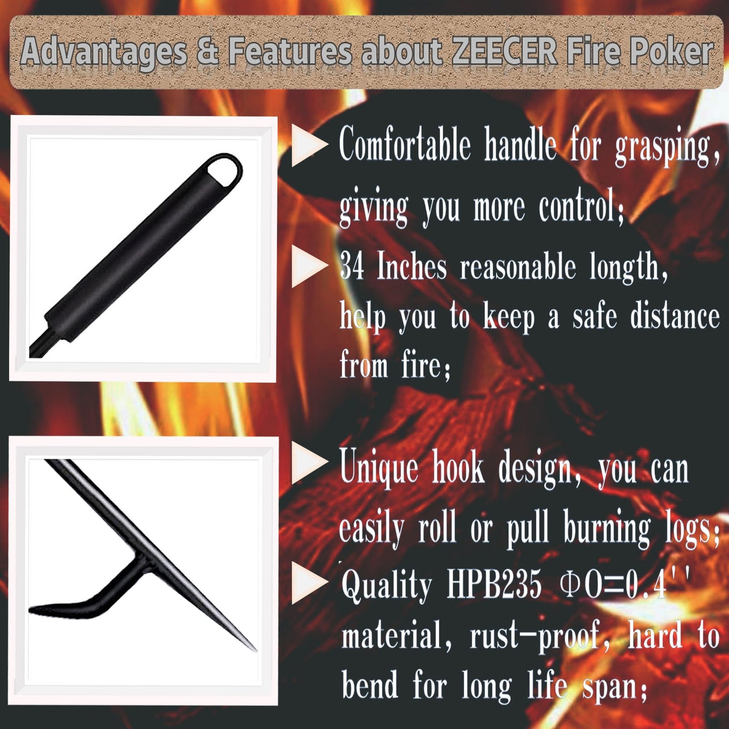 Fire Poker for Fire Pit, Heavy Duty 34-Inch Solid Steel Fireplace Poker, Portable Removable Design Poker Fire Poker for Fire Pit Outdoor Fireplaces Solo Stove Campfires & Indoor Use