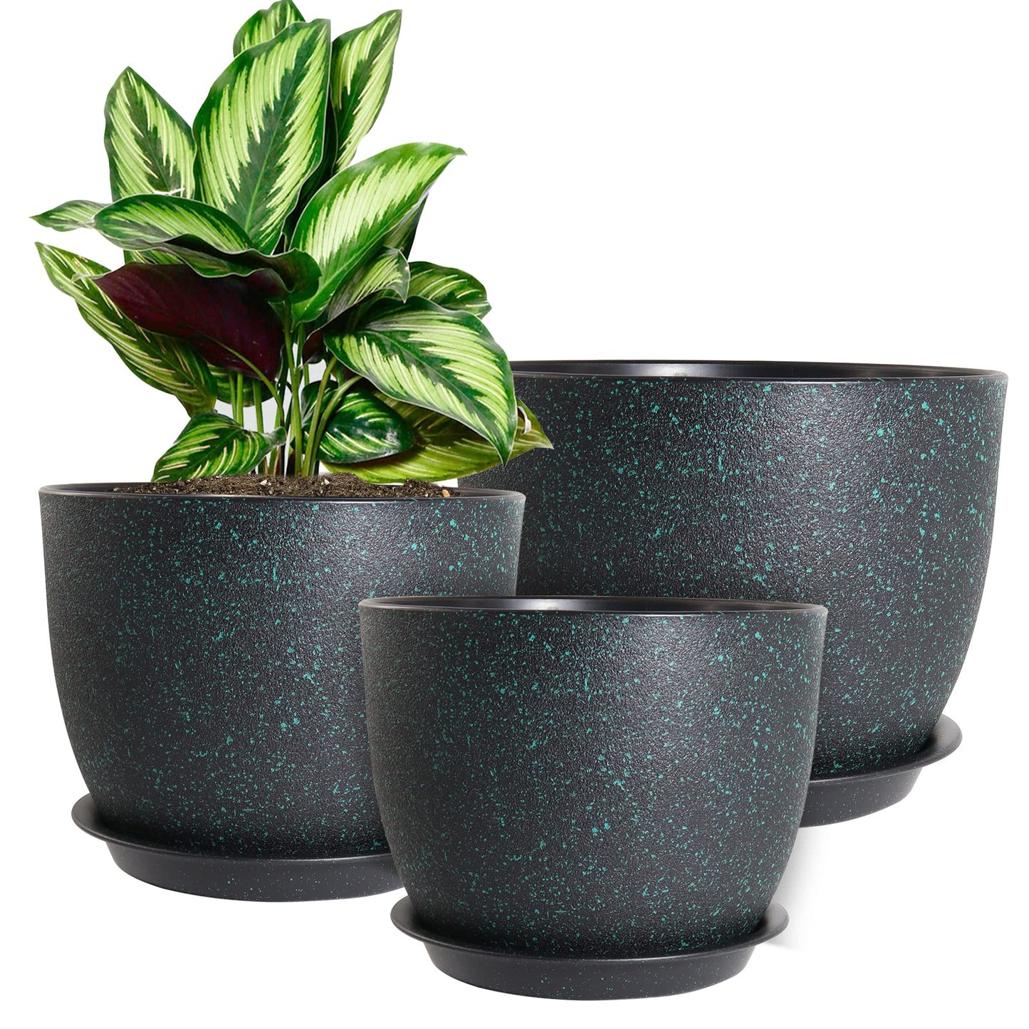 WOUSIWER Plant Pots 10/9/8 inch, Set of 3 Modern Decorative Plastic Planters with Drainage Holes and Saucers for House Plants Indoor Flowers Plants, Black with Green Speckles
