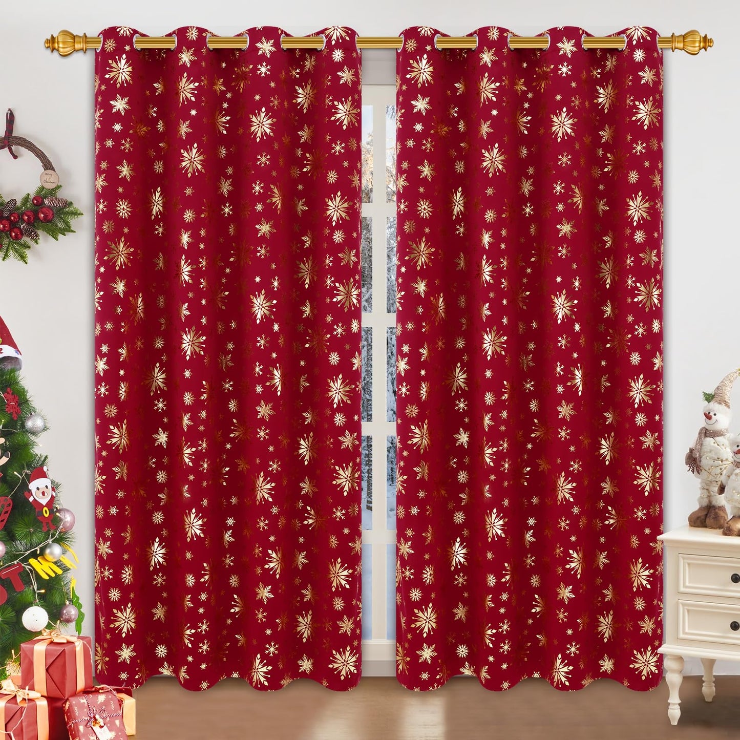 FRAMICS Christmas Curtains for Living Room and Bedroom - Gold Snowflake Foil Print, Blackout, Red, 84 Inch Length, 2 Panels Set, Grommet Window Curtains for Winter