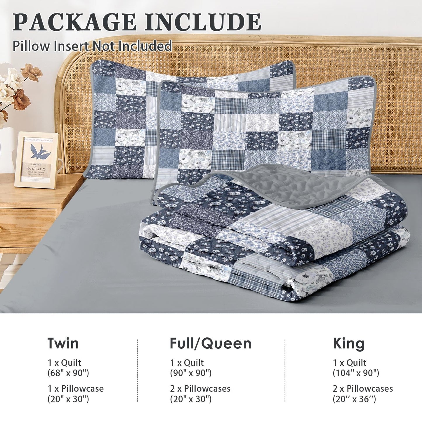Pamnest Patchwork Quilt Set Queen Size, Floral Boho 3 Pcs Soft Bed Cover Bedding Set, Rustic Blue Farmhouse Lightweight Bedspread Coverlet with 2 Pillow Shams for All Season