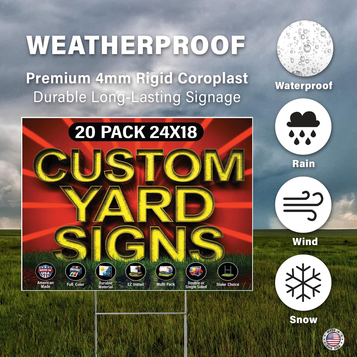 20 Pack of 24x18 inch Custom Yard Signs, Double and Single Sided Print, Metal H-Stakes, Durable 4mm Coroplast, Personalized Full Color Printing