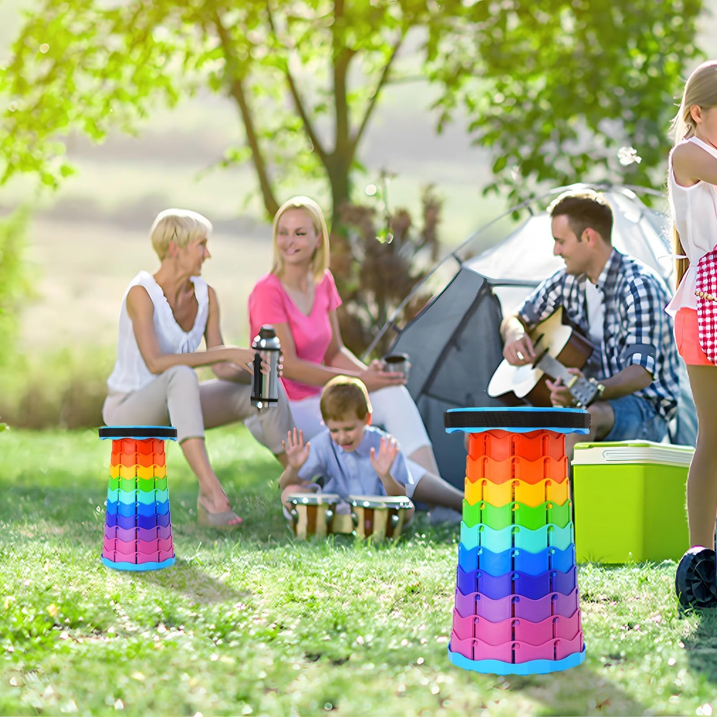 Doseno Upgraded Foldable Stool Thickened, Portable Collapsible Stool Retractable Stool for Fishing, Hiking Tours, BBQ, Parties, Outdoor Activities (Rainbow)