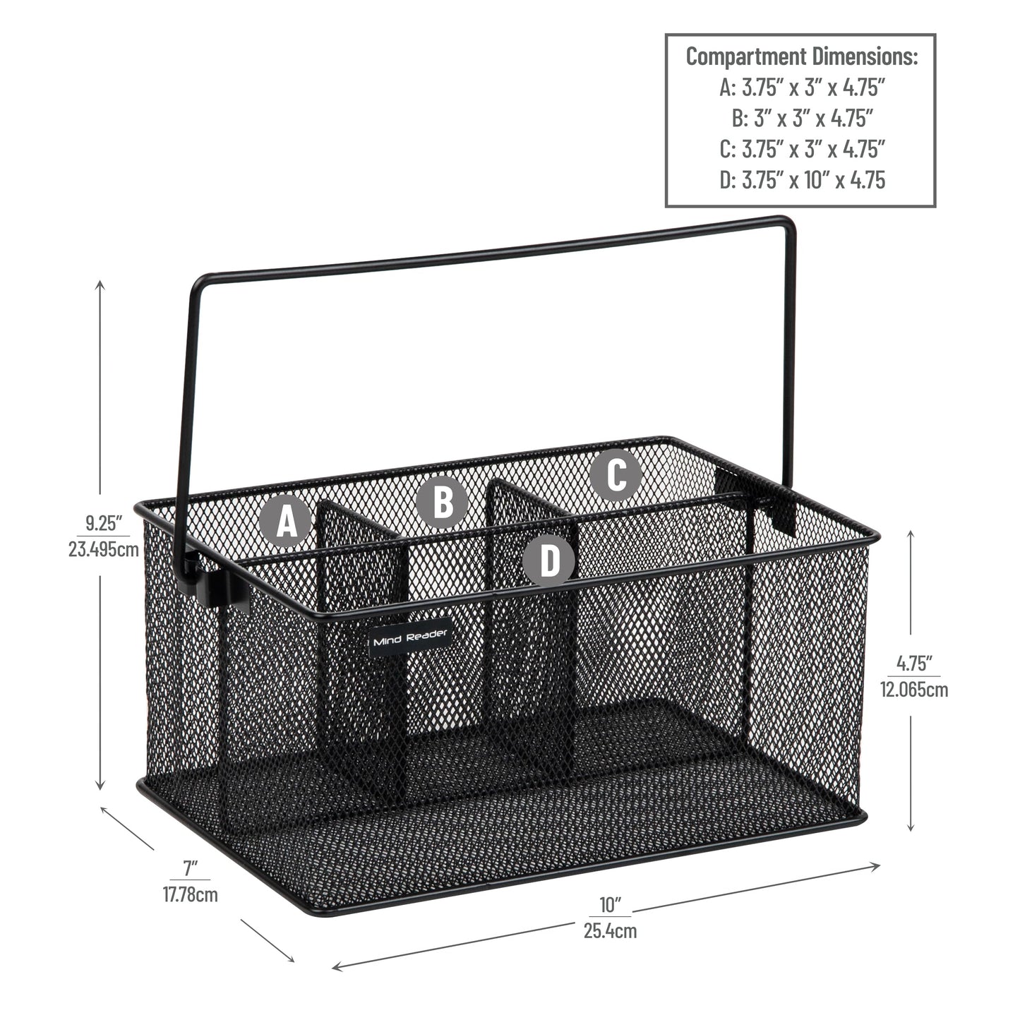 Mind Reader Multi-purpose Storage Caddy with Handle, Desktop Organizer, Cutlery Holder, 4 Compartments, Metal Mesh, Black