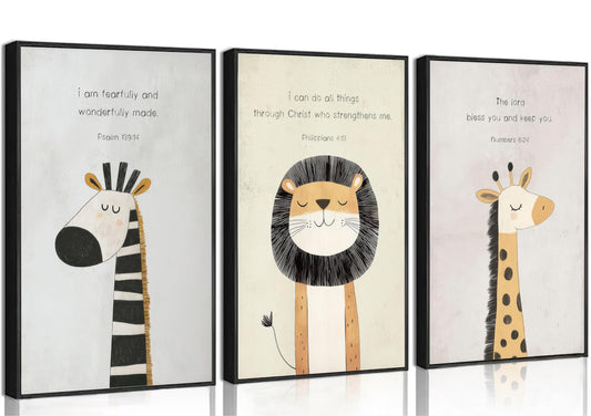Wavkkey 3Pcs Christian Nursery Wall Art Vintage Safari Animal Bible Verse Posters Paintings Wall Decor Canvas Prints Artwork for Baby Boy Girl Room Kids Bedroom Home Decortion Unframed