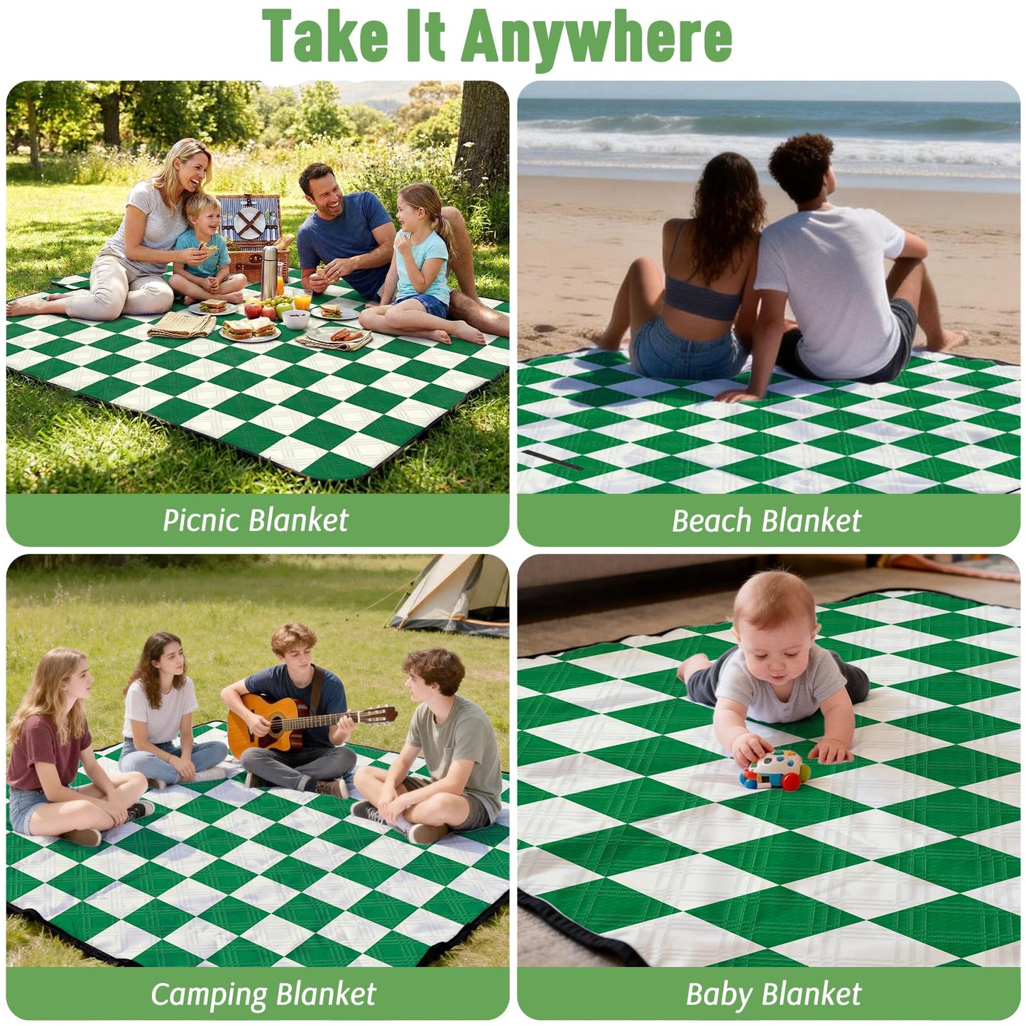 Doonly Picnic Blanket, 78" x 78" Large Waterproof Sandproof Beach Blanket, Foldable Outdoor Blanket Gingham Picnic Mat for Beach, Camping, Park, Grass, Lawn, Travel (Green)