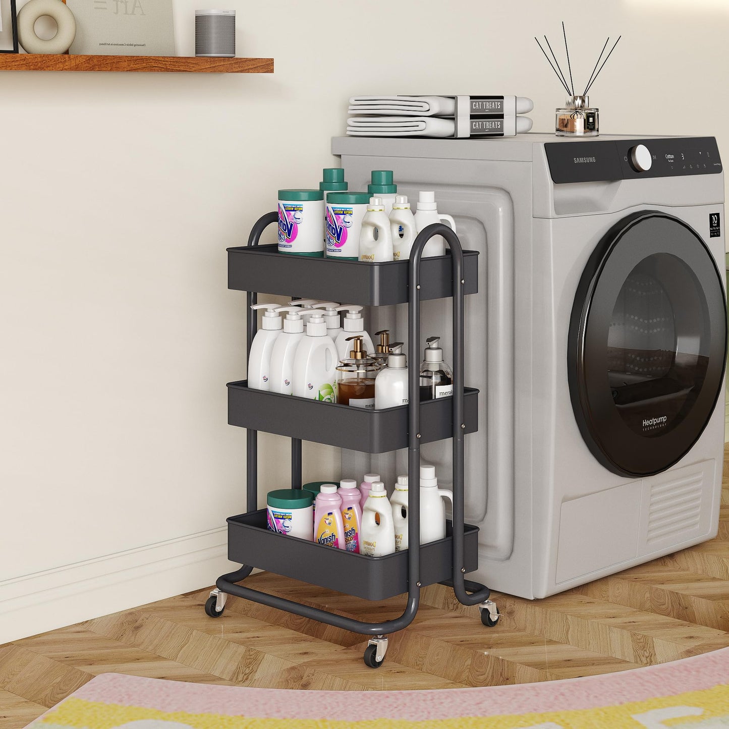 MIOCASA 3-Tier Metal Utility Rolling Cart, Heavy Duty Multifunction Cart with Lockable Casters, Easy to Assemble, Suitable for Office, Bathroom, Kitchen, Garden (Dark Gray, 3-Tier-Metal)