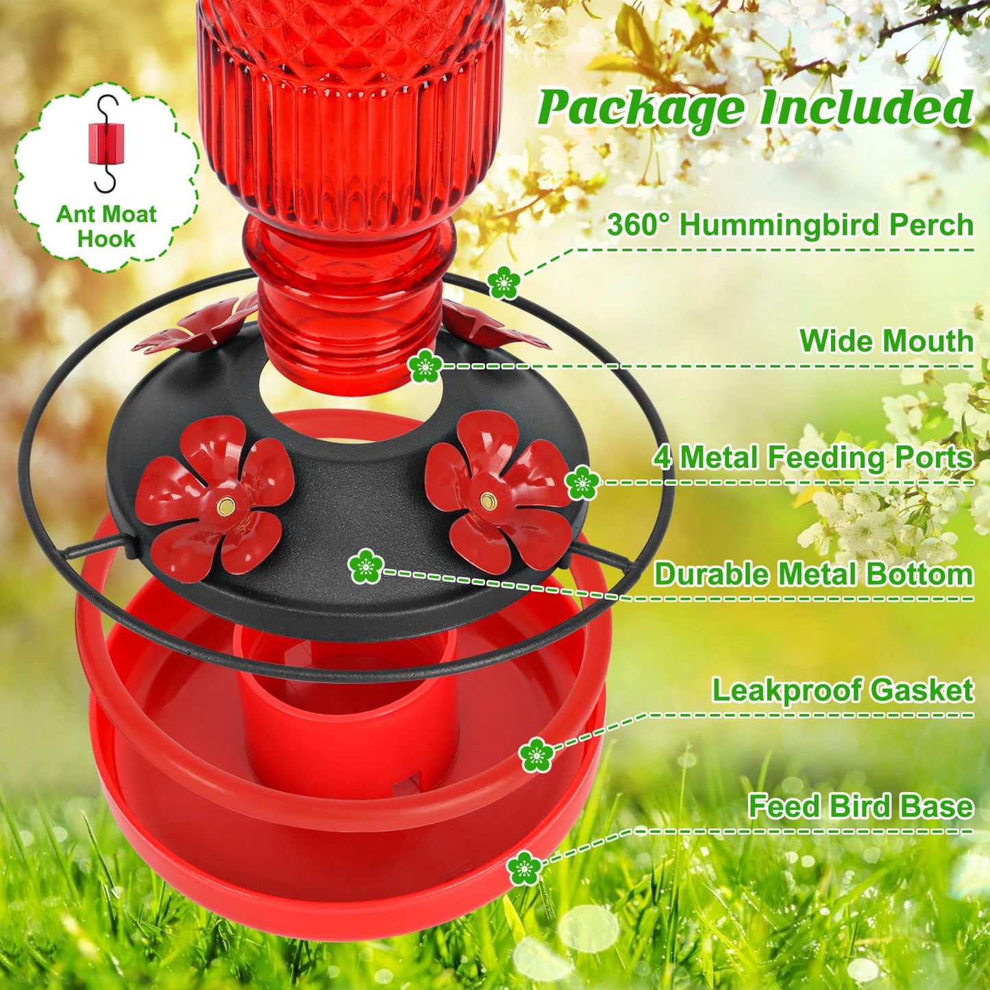 FEED GARDEN Glass Hummingbird Feeder, 16oz Outdoor Hanging Bird Feeder with Ant Moat, 4 Bee-Proof Feeding Ports, 360° Perch, Leak-Proof, Red