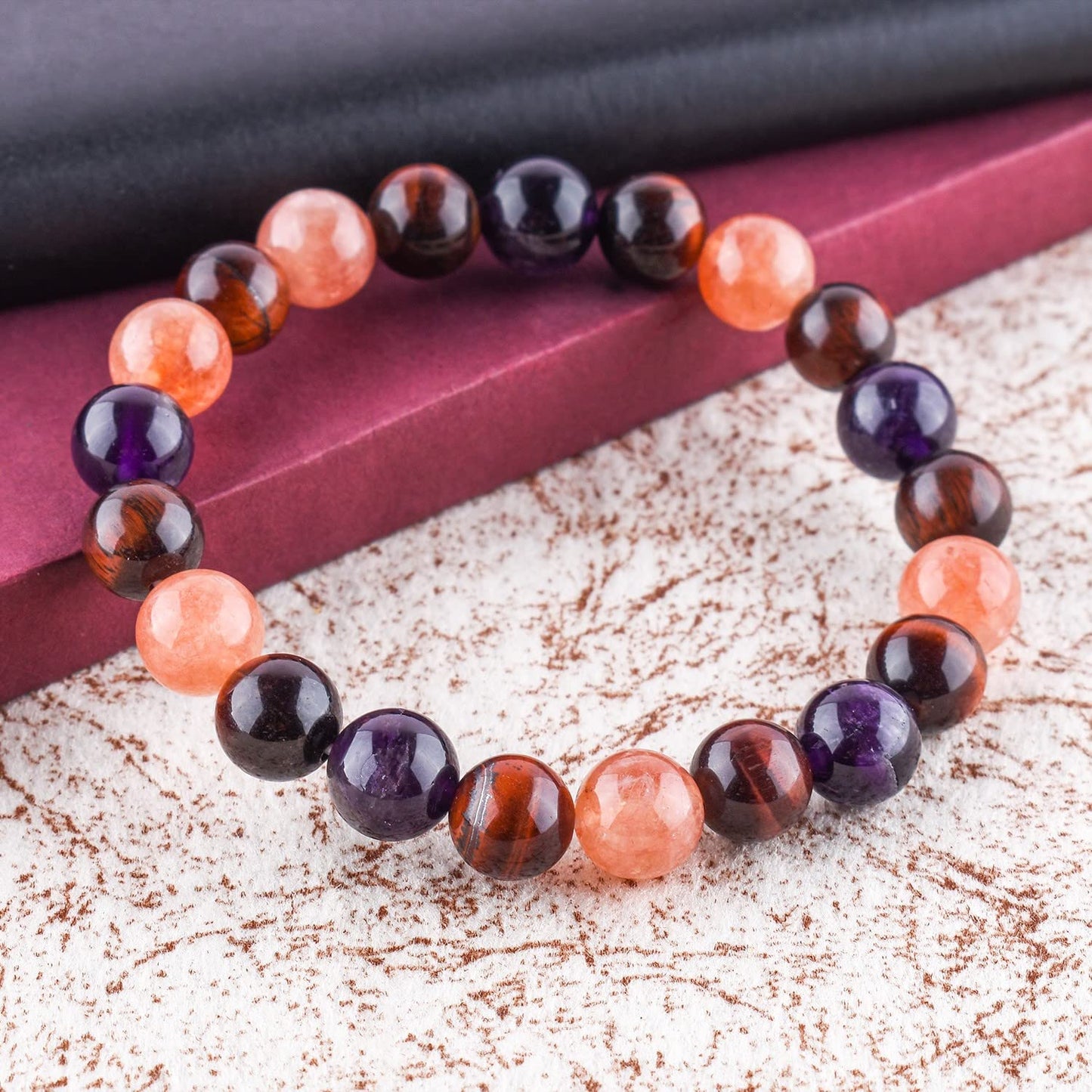OdrillionGems Triple Crystal Healing Bracelet - Sunstone - Red Tiger's Eye - Amethyst Handmade Bracelet Stretchable Genuine Round Beaded 10mm Unisex Jewelry Chakra Stones - Yoga - Energy - Spiritual