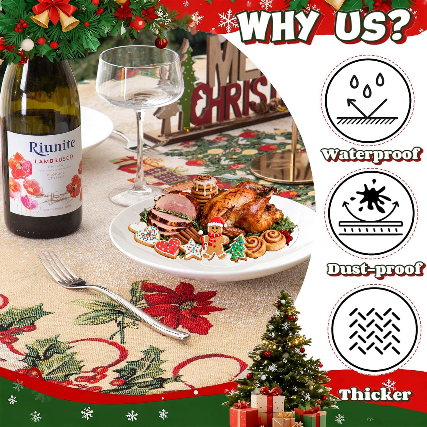 Jessy Home Christmas Tablecloth Xmas Tree Table Cloth Rectangle 55"x82" Winter Table Cover Polyester Wrinkle Resistant Washable Christmas Decoration for Holiday Party Dinner Home