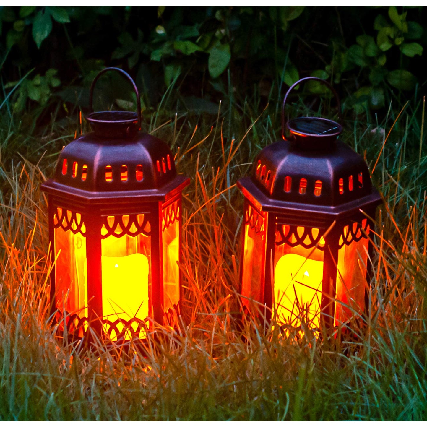 SteadyDoggie Solar Lanterns 2 Pack Bronze - Retro Ornate Hanging Lantern with Handle, Outdoor Lantern with Flickering Candle LED, 6.60 x 6.60 x 10.60 in