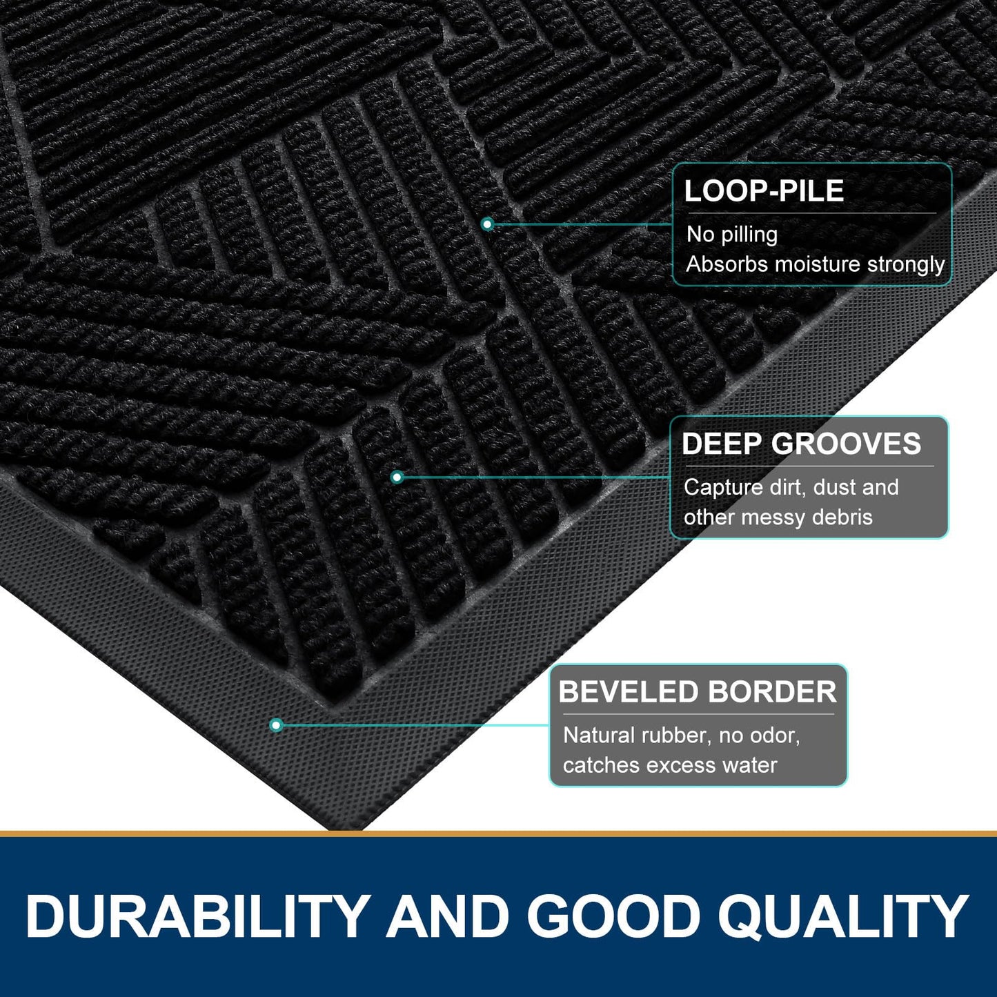Smiry Front Door Mat Outside Entrance, Heavy Duty Sturdy Natural Rubber Doormat, Trap Dirt and Moisture, Easy Clean Low Profile Mats for Indoor Outdoor Entry, Irregular Triangle (29.5x17, Black)