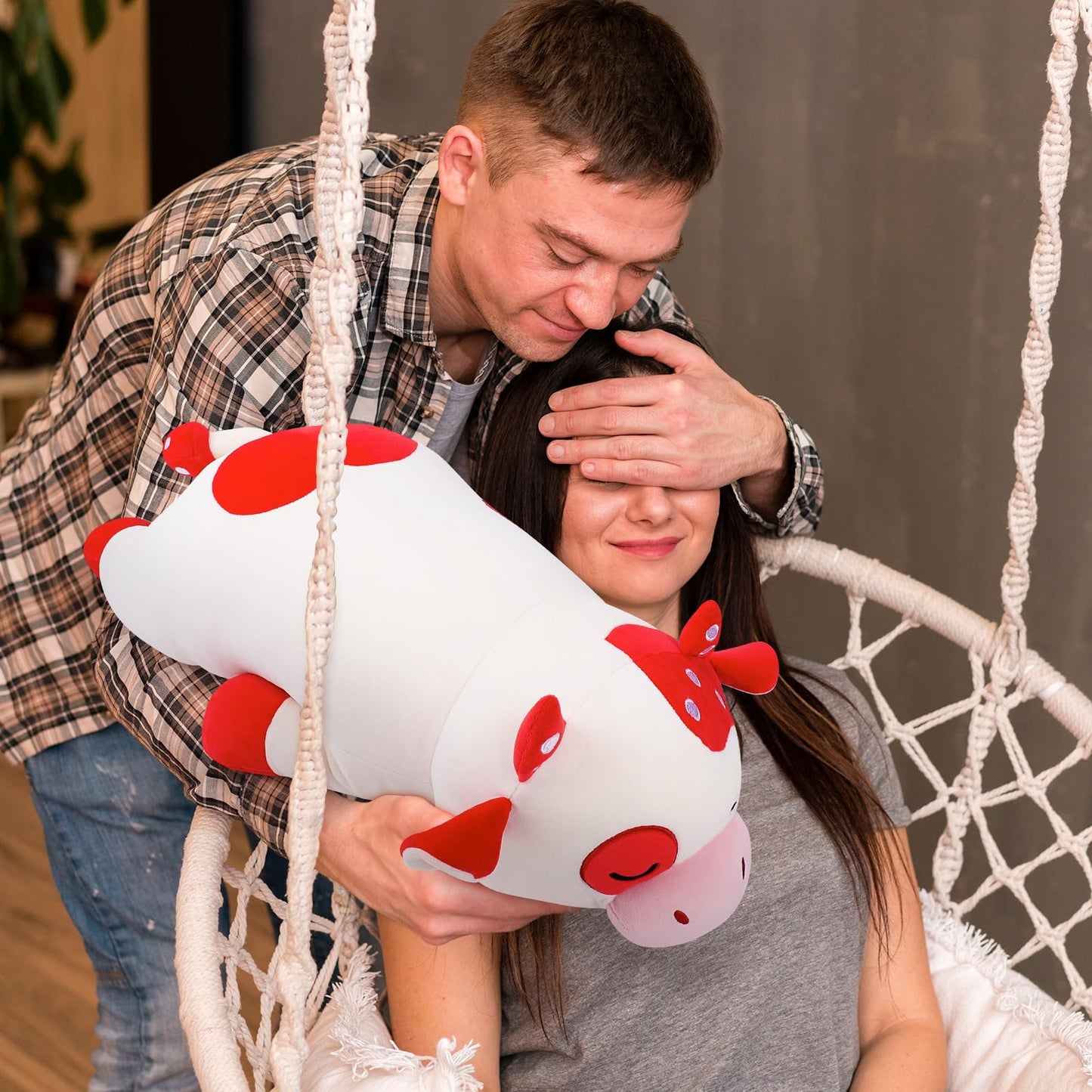 Auspicious beginning 30'' Giant Mushroom Cow Plush Stuffed Animal-Cute Mushroom Cow Plush Body Pillow Plushies, Large Sleeping Cow Stuffed Animal Big Plushie Toy, Birthday Gifts for Kids Girls Boys
