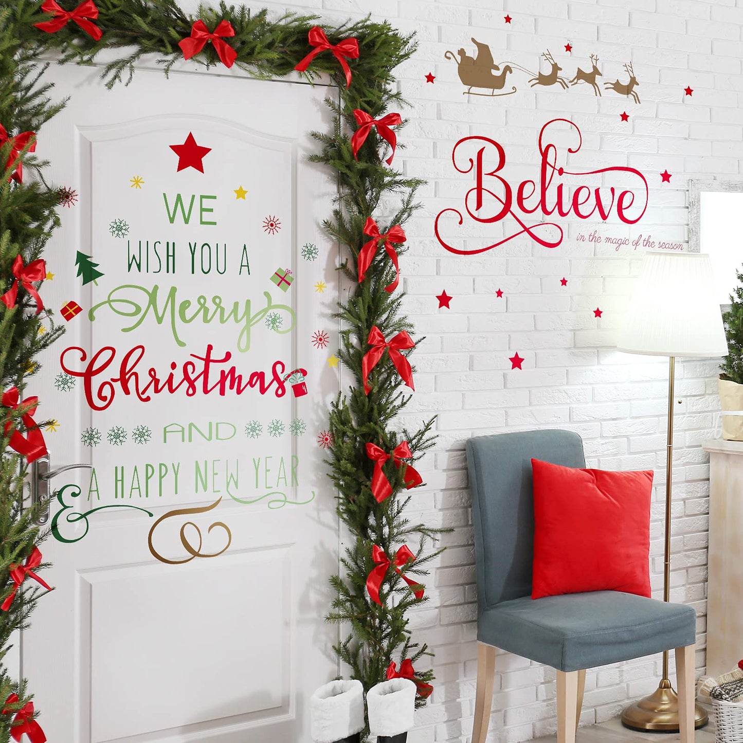 Outus Happy New Year Decal Stickers Believe Quotes Wall Decals Reindeer Christmas Tree Wall Art Decals Decor Removable Modern for New Year Party Supplies Home Window Decor