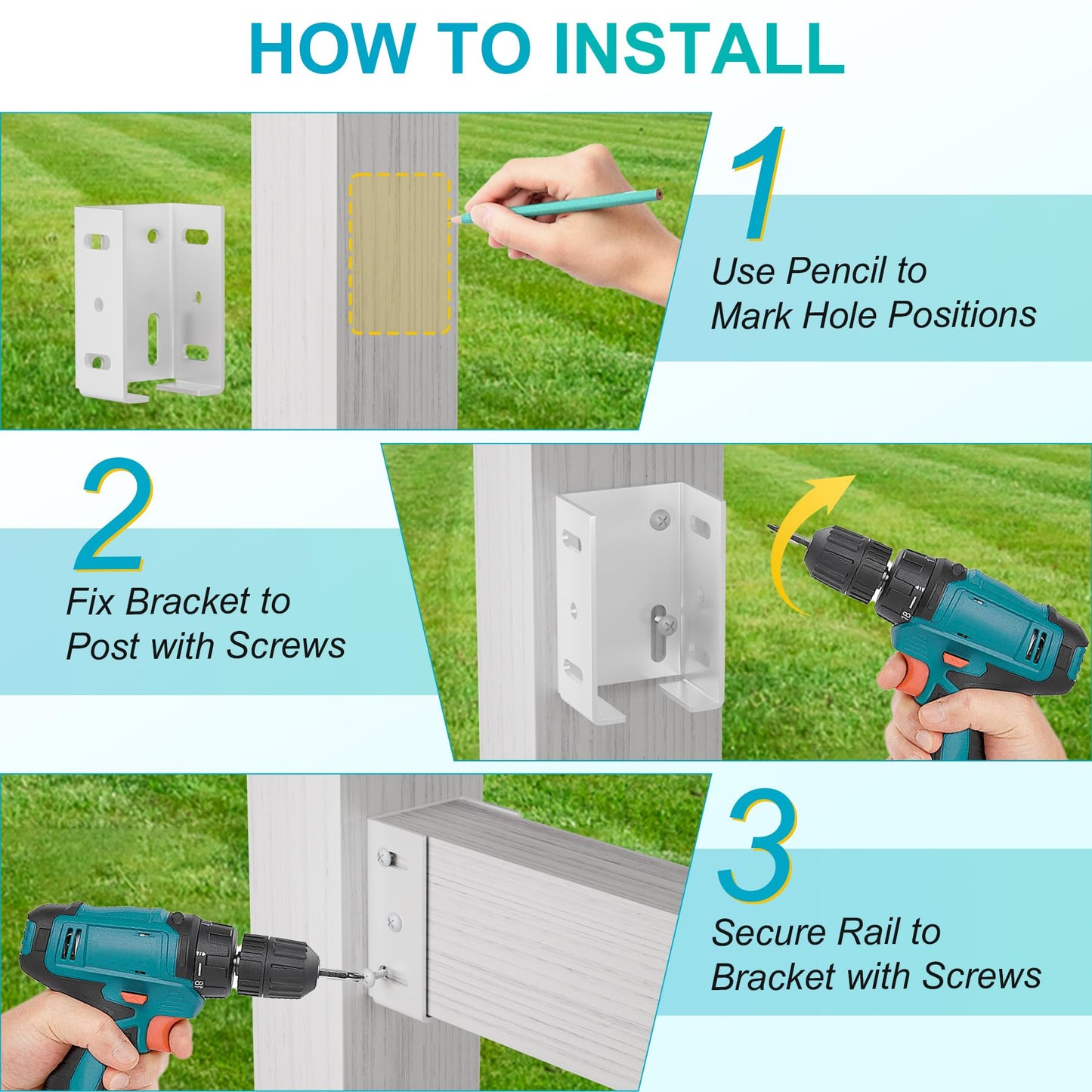 8PCS White Aluminum Fence Bracket for Vinyl Fence, 2mm Thick Vinyl Fence Bracket Replacement Parts for Plastic, PVC Rails, Fits 2.75" Rails