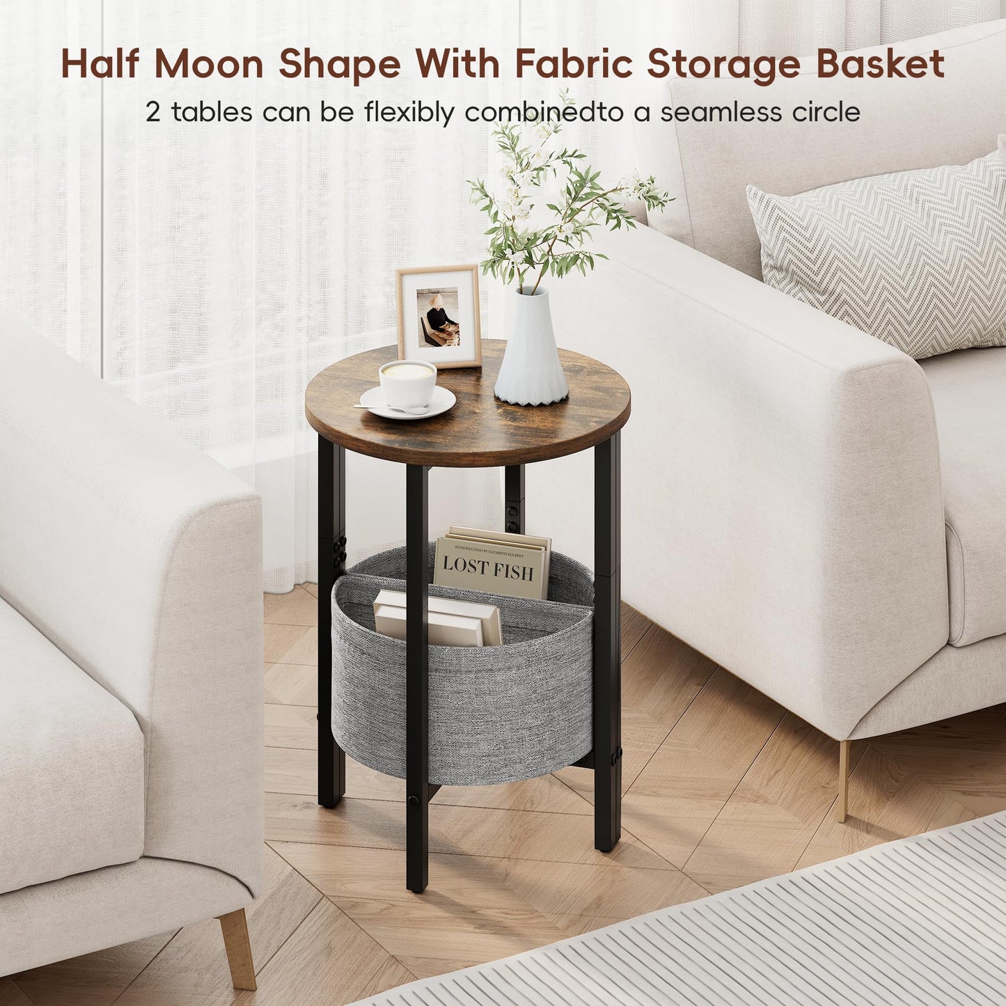 Vagusicc Small Round Side Table, Accent End Table with Storage Basket, Set of 2 Half Round Coffee Table End Table, Half Moon Bedside Table, Modern Nightstand Couch Table for Living Room Bedroom, Brown