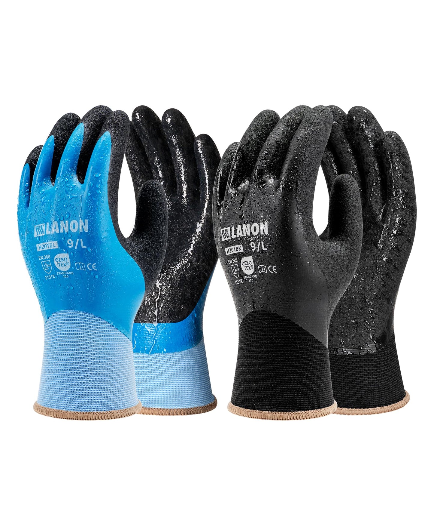 LANON 2 Pairs Waterproof Work Gloves for Men and Women,Double Rubber Coated for Gardening, Outdoor Construction,Car & Fish Cleaning, Non-Slip Grip, Elastic Cuff, Blue&Black,Large