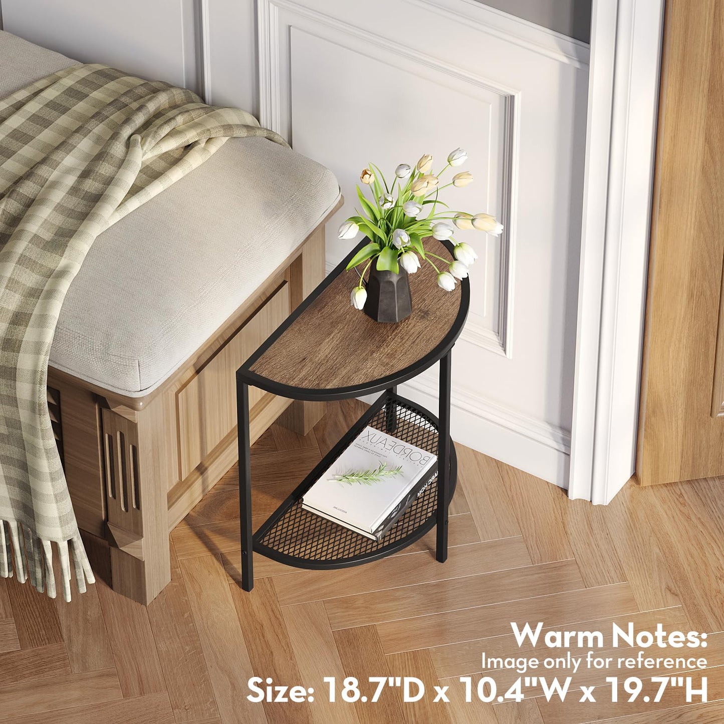 SAYGOER Small Side Table 19.7'' Half Moon Side Tables for Living Room 18.7"*10.4" Unique Modern Half Round Bed for Home Balcony 2 Tier Couch Tables with Storage Shelf, Adjustable Feet, Dark Walnut