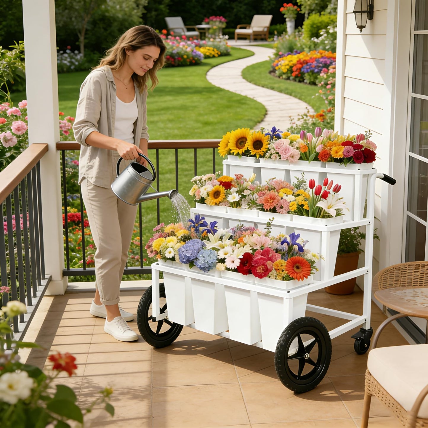 Heavy Duty Flower Cart Display Stand with Large Wheels and Handles, Metal Flower Plant Stand with 12 Buckets, Moving Flower Bouquet Holder for Farmers Market Stand, Flower Bar Supplies for Patio Garden Florist Wedding (White, L33.4*W31.4*H*40.5in)